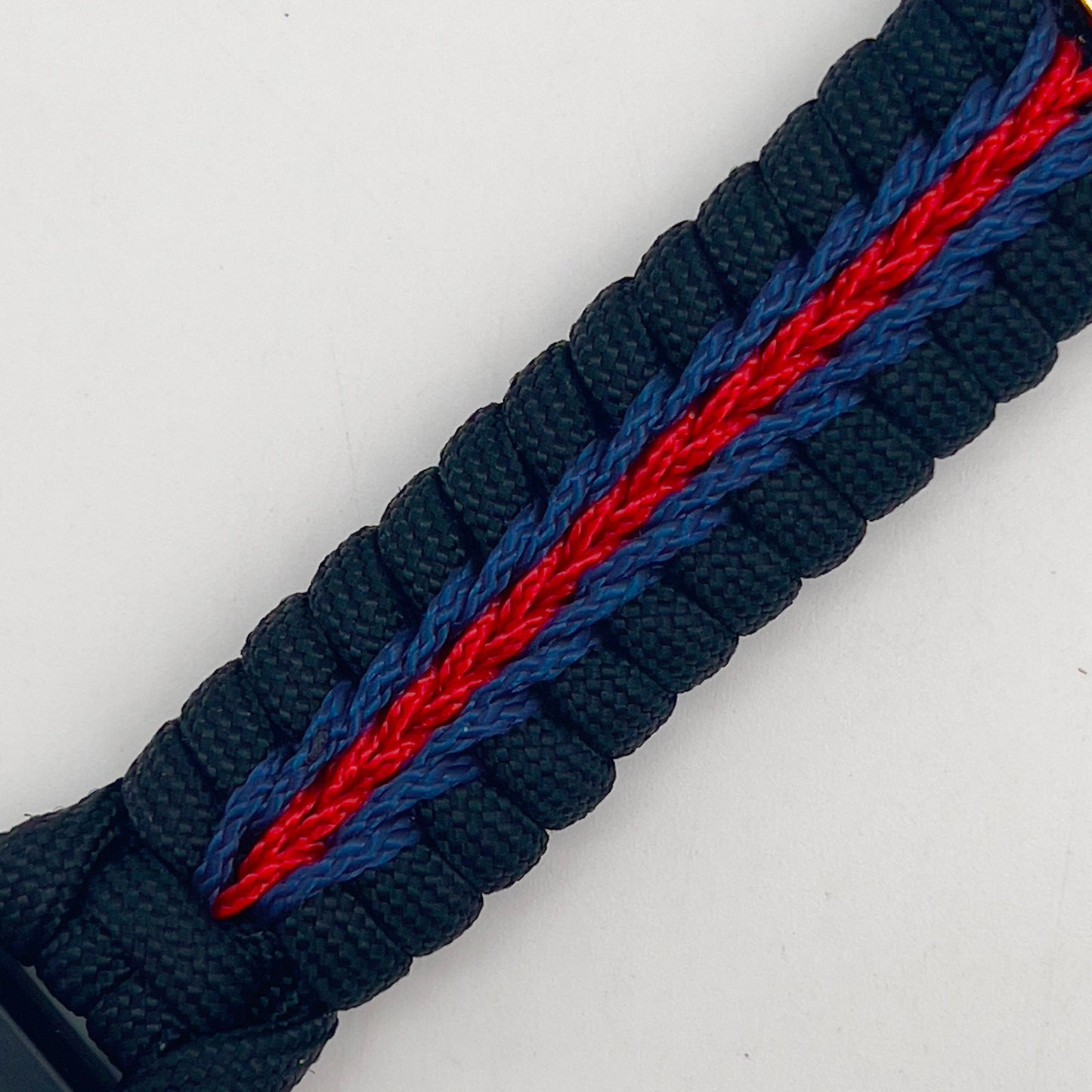 Thick, semi-rigid and comfortable braided United States Marine Corps bracelet featuring a 24K gold and silver plated USMC officer Eagle Globe and Anchor medallion, a black Cobra style tactical buckle and woven with Navy blue, Imperial red and black paracord.