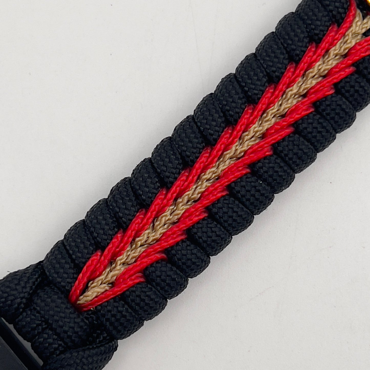 Thick, semi-rigid and comfortable braided United States Marine Corps bracelet featuring a 24K gold and silver plated USMC officer Eagle Globe and Anchor medallion, a black Cobra style tactical buckle and woven with black 550, Imperial red and gold micro paracord.
