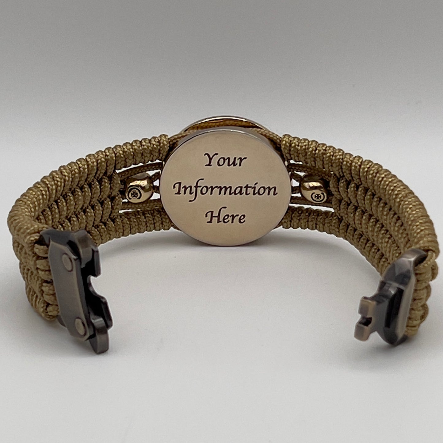 Thin, medium width, flexible and comfortable braided United States Marine Corps bracelet featuring a 24K gold plated USMC officer Eagle Globe and Anchor medallion, two gold plated skulls, a gold Cobra style tactical buckle and woven with gold Type-1 paracord.