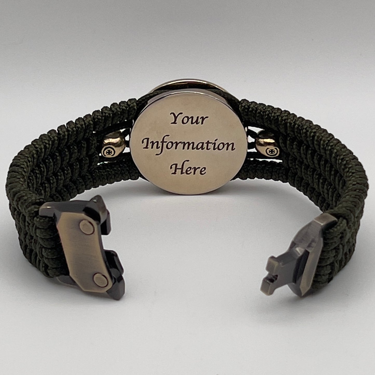 Thin, medium width, flexible and comfortable braided United States Marine Corps bracelet featuring a 24K gold plated USMC officer Eagle Globe and Anchor medallion, two gold plated skulls, a gold Cobra style tactical buckle and woven with Olive Drab Type-1 paracord.