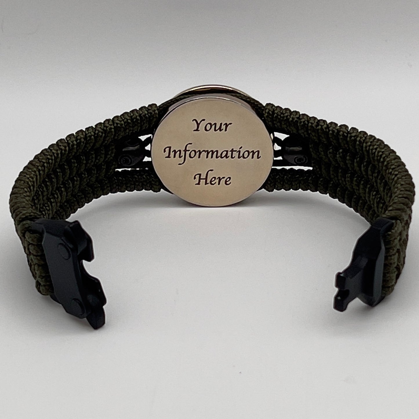 Thin, medium width, flexible and comfortable braided United States Marine Corps bracelet featuring a 24K gold plated USMC officer Eagle Globe and Anchor medallion, two black micro skulls, a black Cobra style tactical buckle and woven with Olive Drab Type-1 paracord.