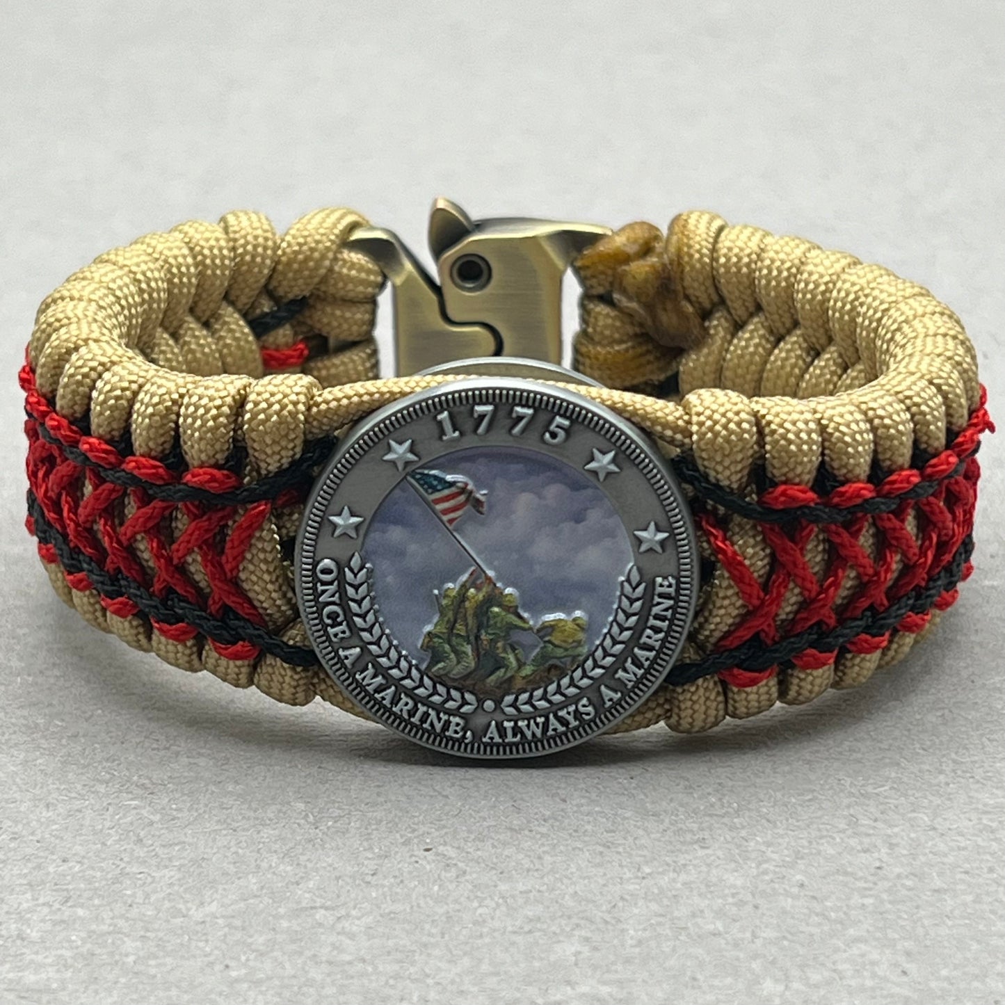 United States Marine Corps Iwo Jima handcrafted paracord bracelet. 3D UV printed injection molded beaded medallion.