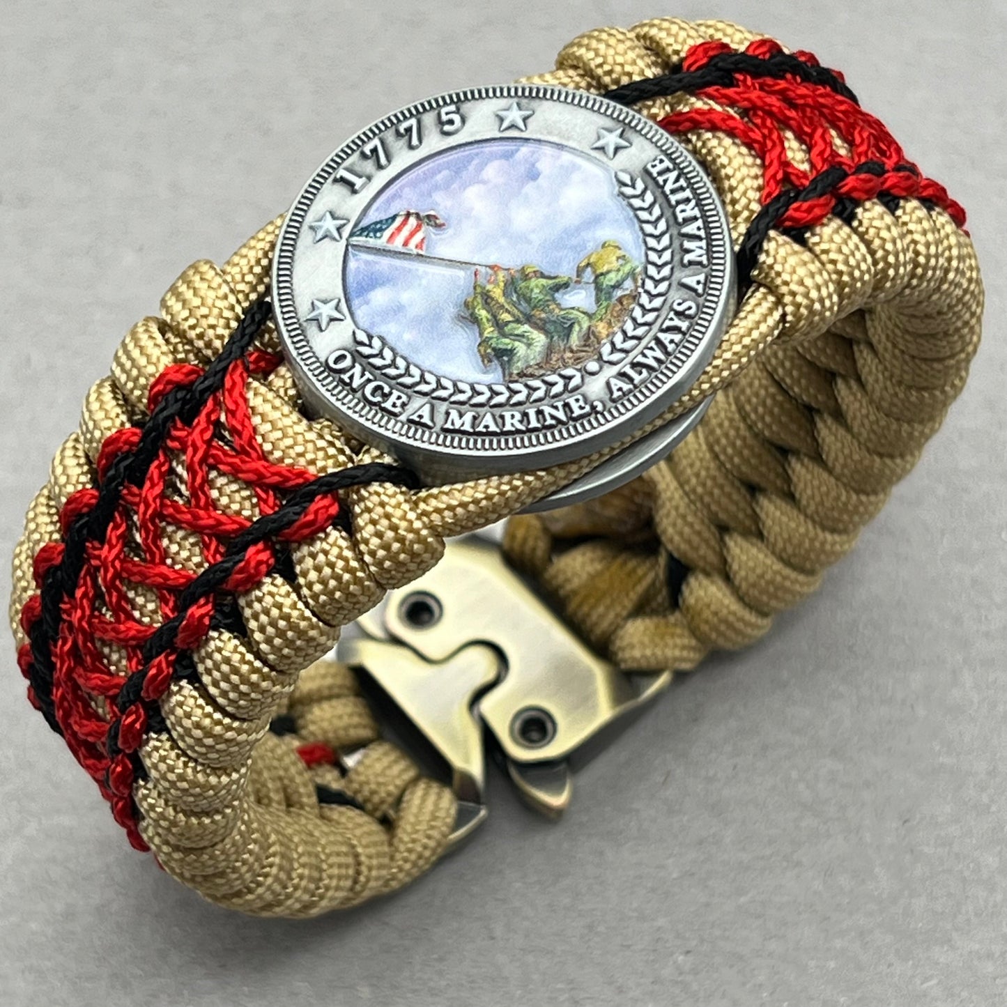 United States Marine Corps Iwo Jima handcrafted paracord bracelet. 3D UV printed injection molded beaded medallion.