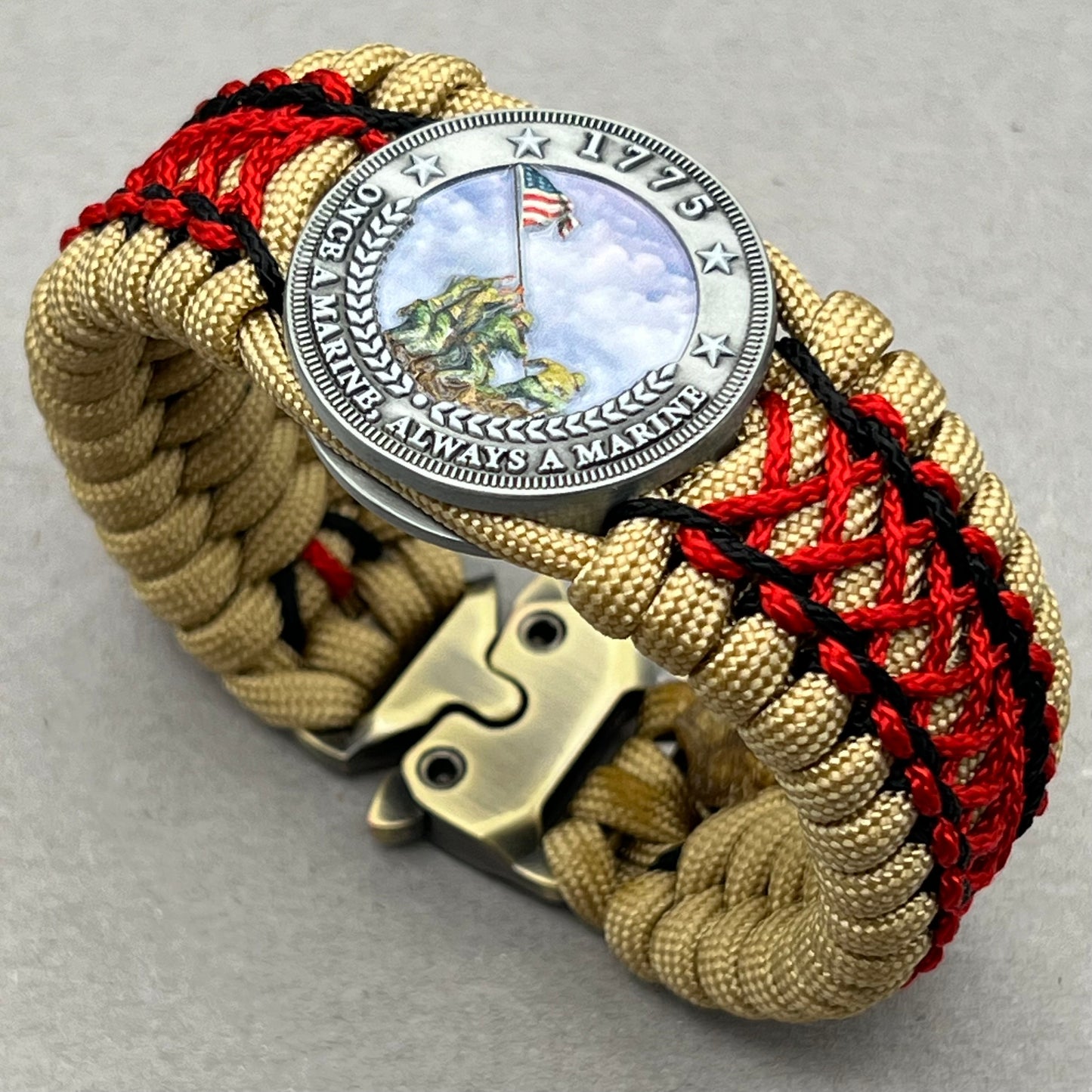 United States Marine Corps Iwo Jima handcrafted paracord bracelet. 3D UV printed injection molded beaded medallion.