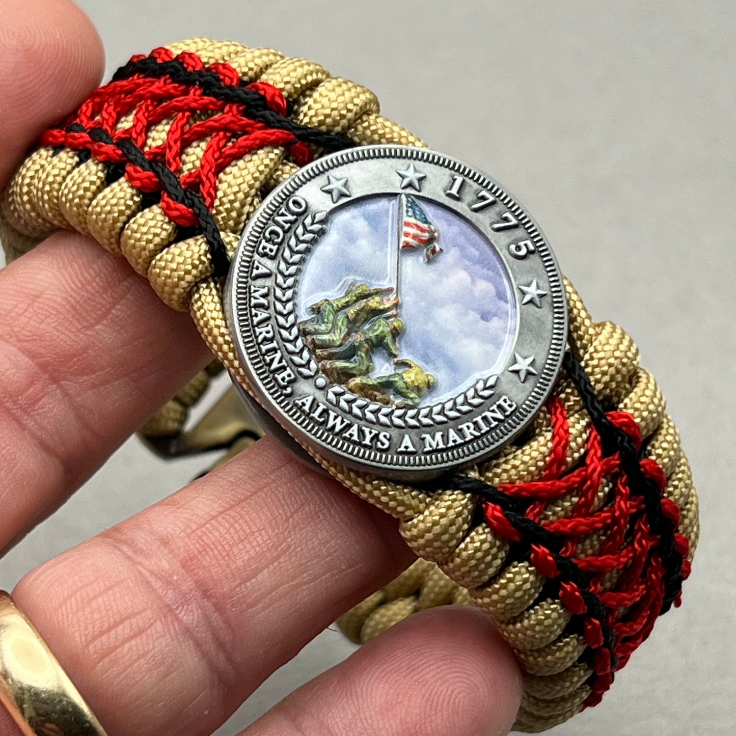 United States Marine Corps Iwo Jima handcrafted paracord bracelet. 3D UV printed injection molded beaded medallion.