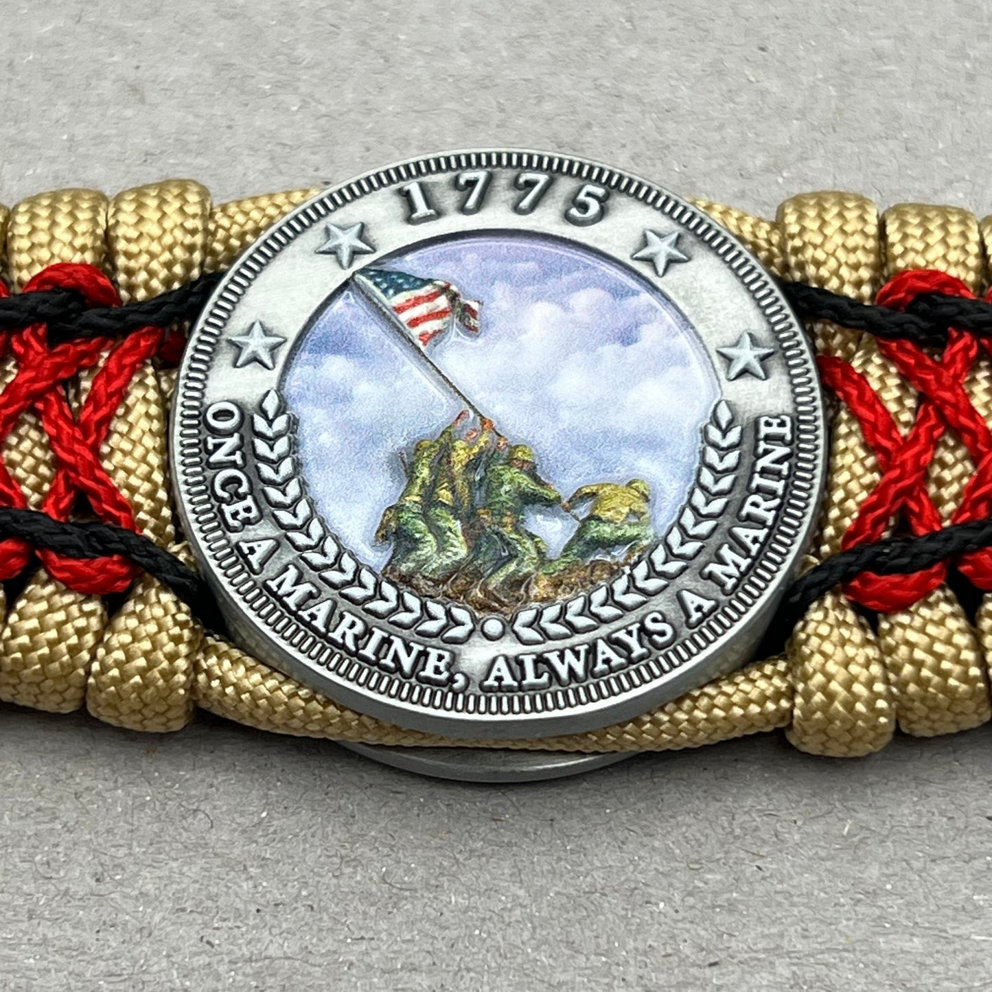 United States Marine Corps Iwo Jima handcrafted paracord bracelet. 3D UV printed injection molded beaded medallion.