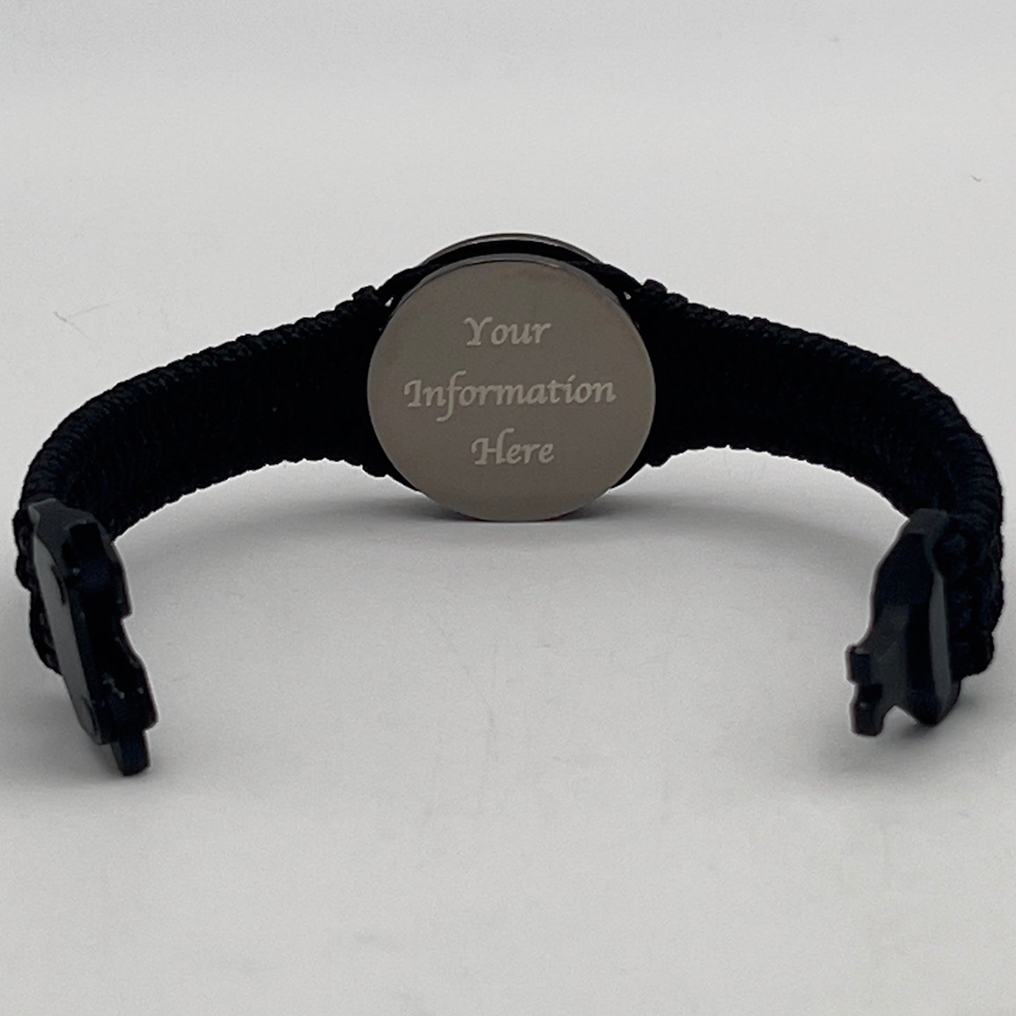 Thin, narrow, flexible and comfortable braided United States Marine Corps Recruit Depot Yellow Footprints bracelet featuring a black nickel plated UV enamel painted medallion replica of an actual set of USMC footprints, a black Cobra style tactical buckle and woven with black Type-1 paracord.