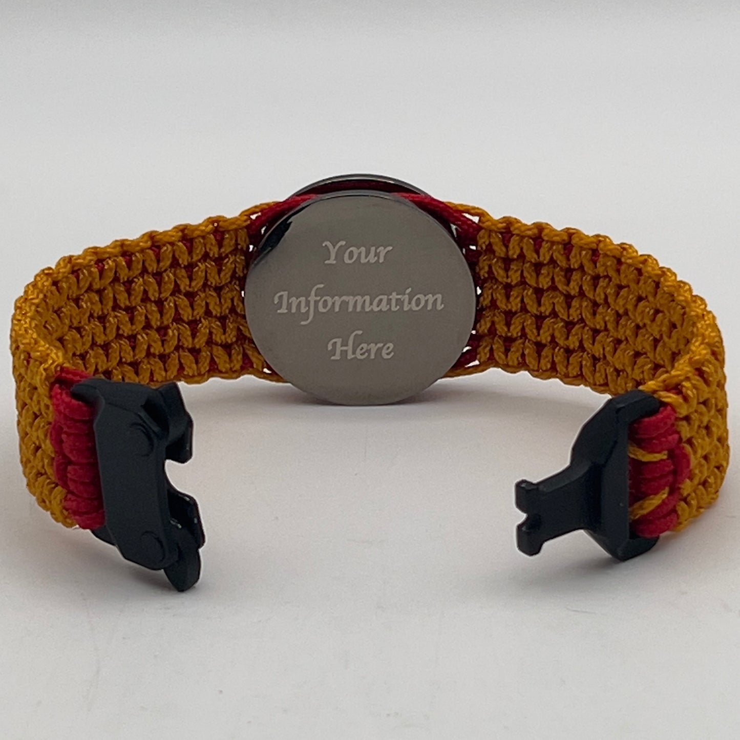Thin, narrow, flexible and comfortable braided United States Marine Corps Recruit Depot Yellow Footprints bracelet featuring a black nickel plated UV enamel painted medallion replica of an actual set of USMC footprints, a black Cobra style tactical buckle and woven with Imperial Red type-1 paracord and Goldenrod micro cord.