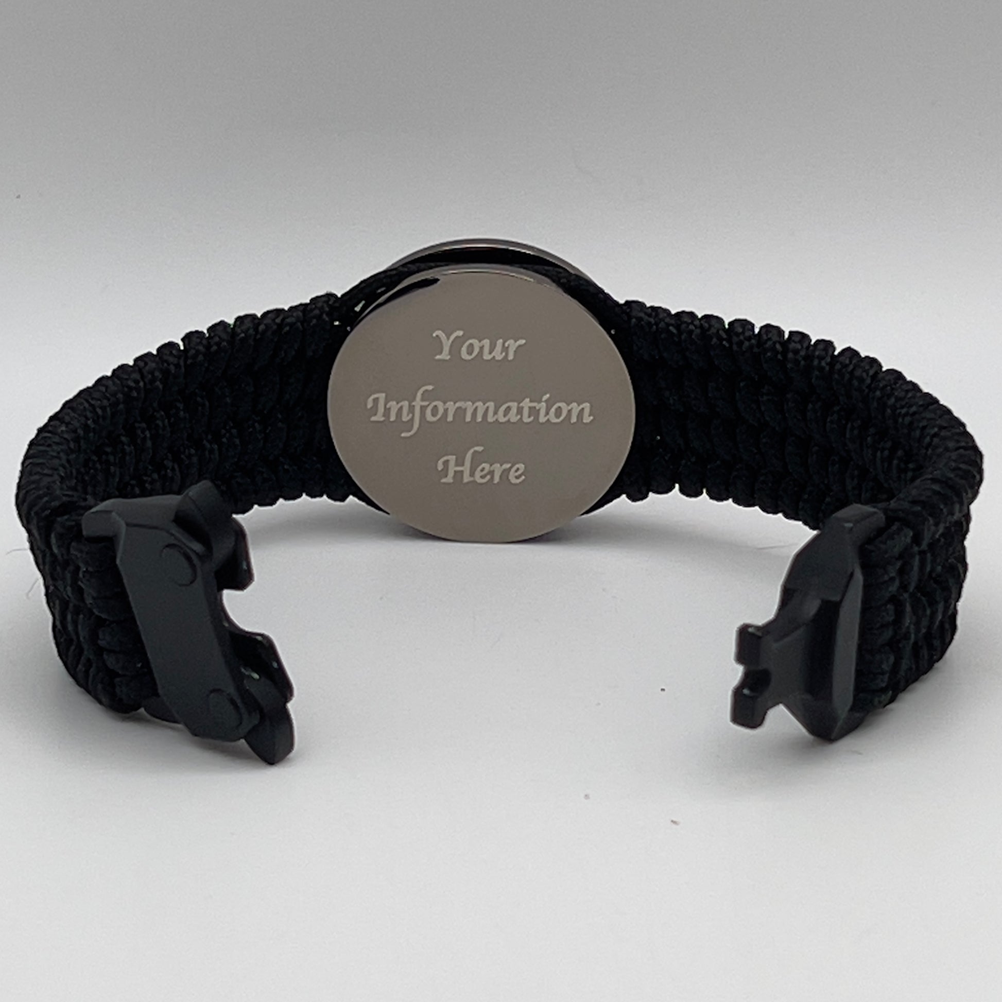 Thin, wide, flexible and comfortable braided United States Marine Corps Recruit Depot Yellow Footprints bracelet featuring a black nickel plated UV enamel painted medallion replica of an actual set of USMC footprints, a black Cobra style tactical buckle and woven with black Type-1 paracord.