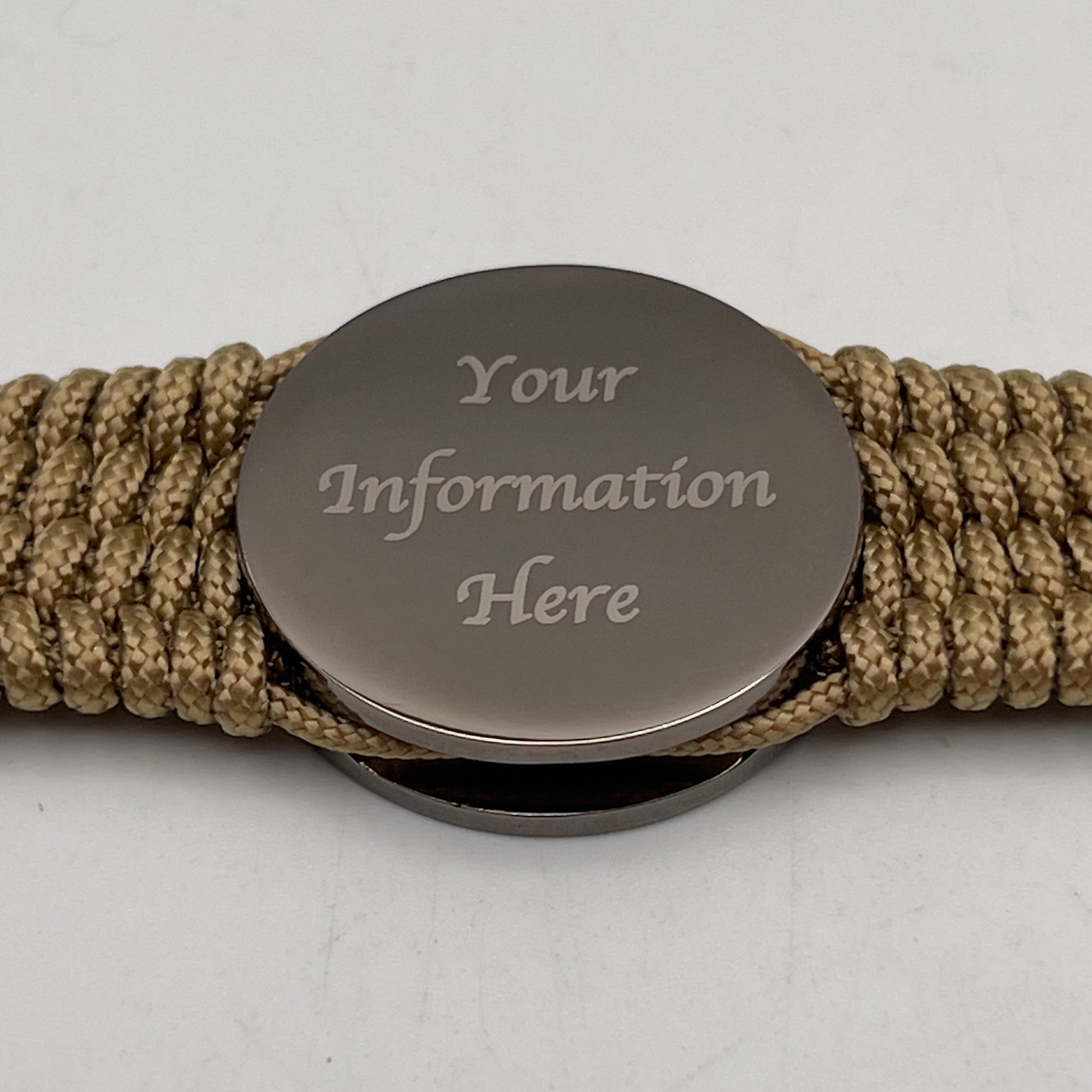 Thin, wide, flexible and comfortable braided United States Marine Corps Recruit Depot Yellow Footprints bracelet featuring a black nickel plated UV enamel painted medallion replica of an actual set of USMC footprints, a gold Cobra style tactical buckle and woven with gold Type-1 paracord.