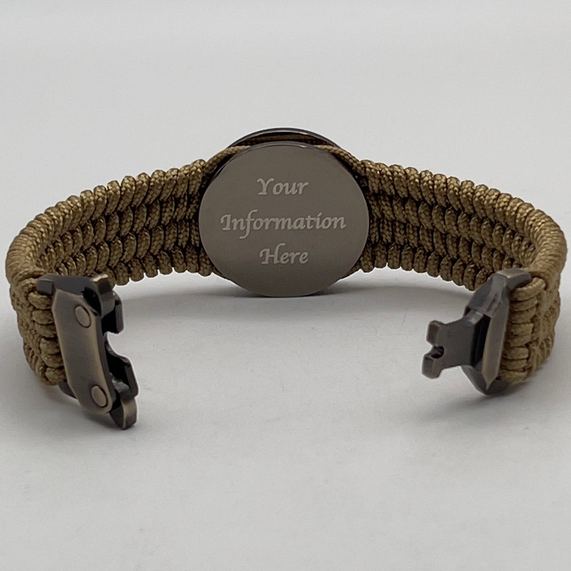 Thin, wide, flexible and comfortable braided United States Marine Corps Recruit Depot Yellow Footprints bracelet featuring a black nickel plated UV enamel painted medallion replica of an actual set of USMC footprints, a gold Cobra style tactical buckle and woven with gold Type-1 paracord.