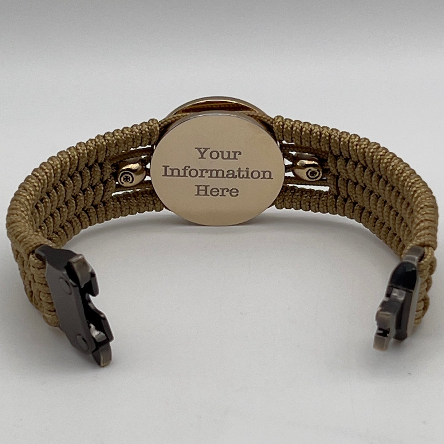 Thin, medium width, flexible and comfortable braided United States Marine Corps bracelet featuring a 24K gold and silver plated USMC officer Eagle Globe and Anchor medallion, two gold micro skulls, a gold Cobra style tactical buckle and woven with gold type-1 paracord.