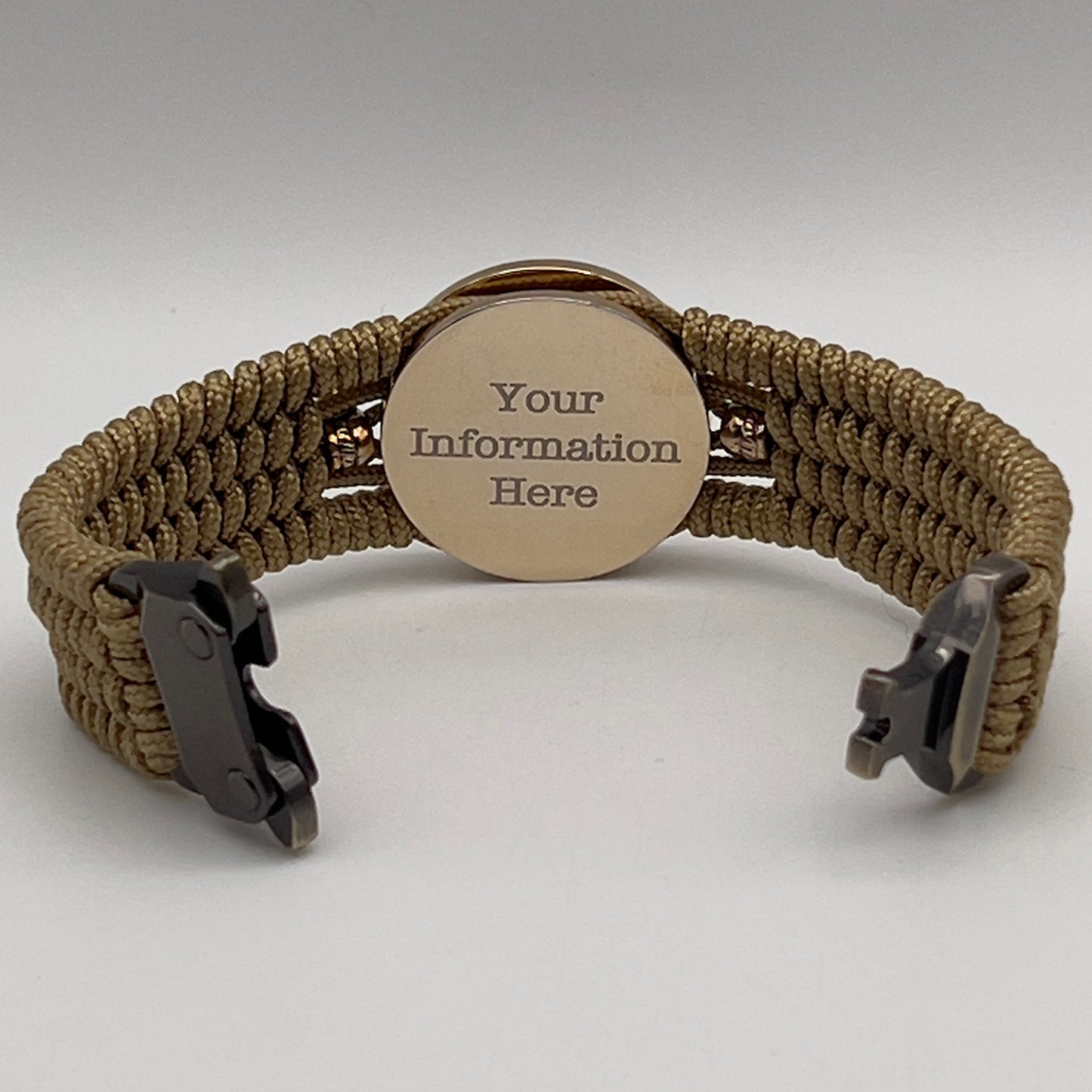 Thin, medium width, flexible and comfortable braided United States Marine Corps bracelet featuring a 24K gold and silver plated USMC officer Eagle Globe and Anchor medallion, two brass micro Spartan helmets, a gold Cobra style tactical buckle and woven with gold type-1 paracord.