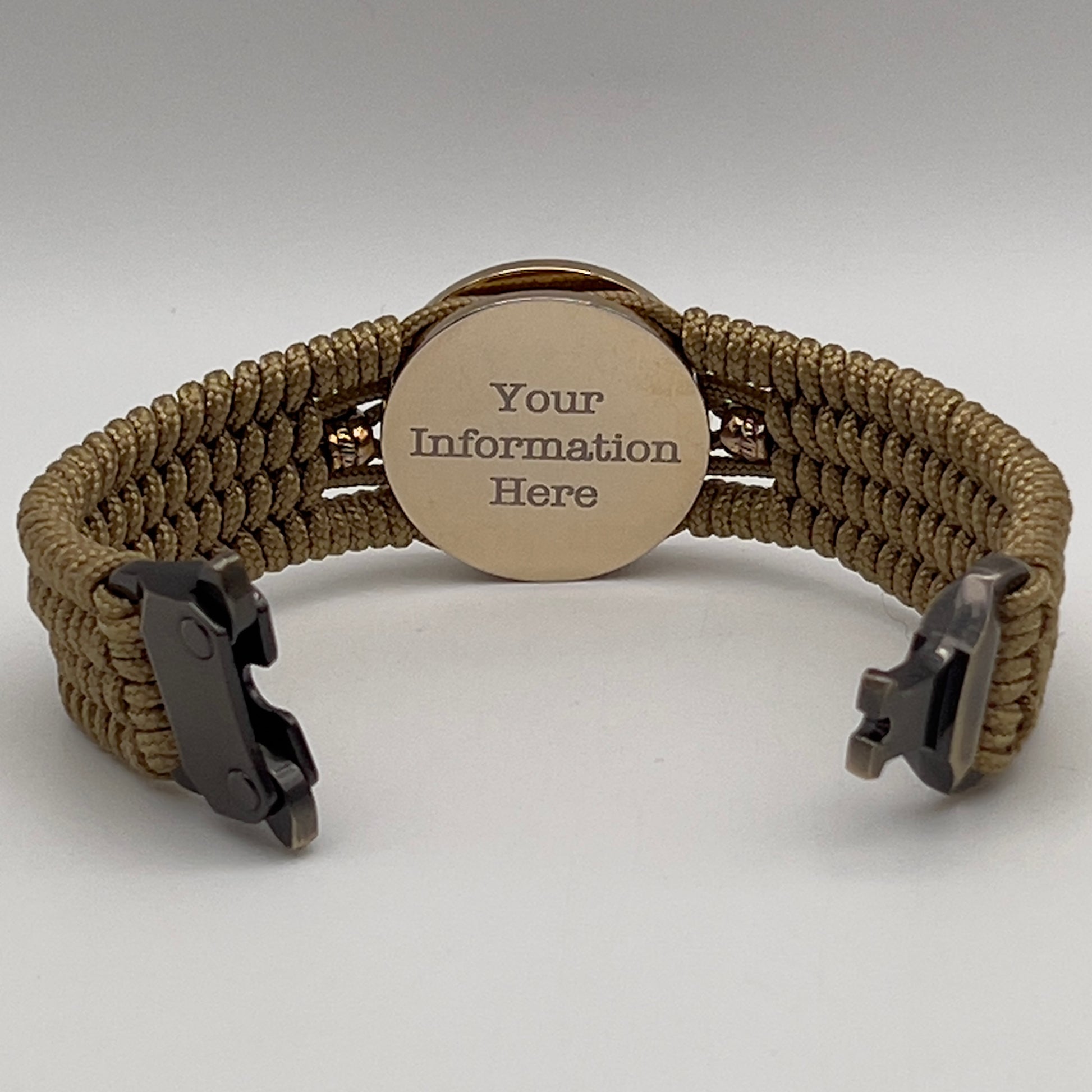 Thin, medium width, flexible and comfortable braided United States Marine Corps bracelet featuring a 24K gold and silver plated USMC officer Eagle Globe and Anchor medallion, two brass micro Spartan helmets, a gold Cobra style tactical buckle and woven with gold type-1 paracord.