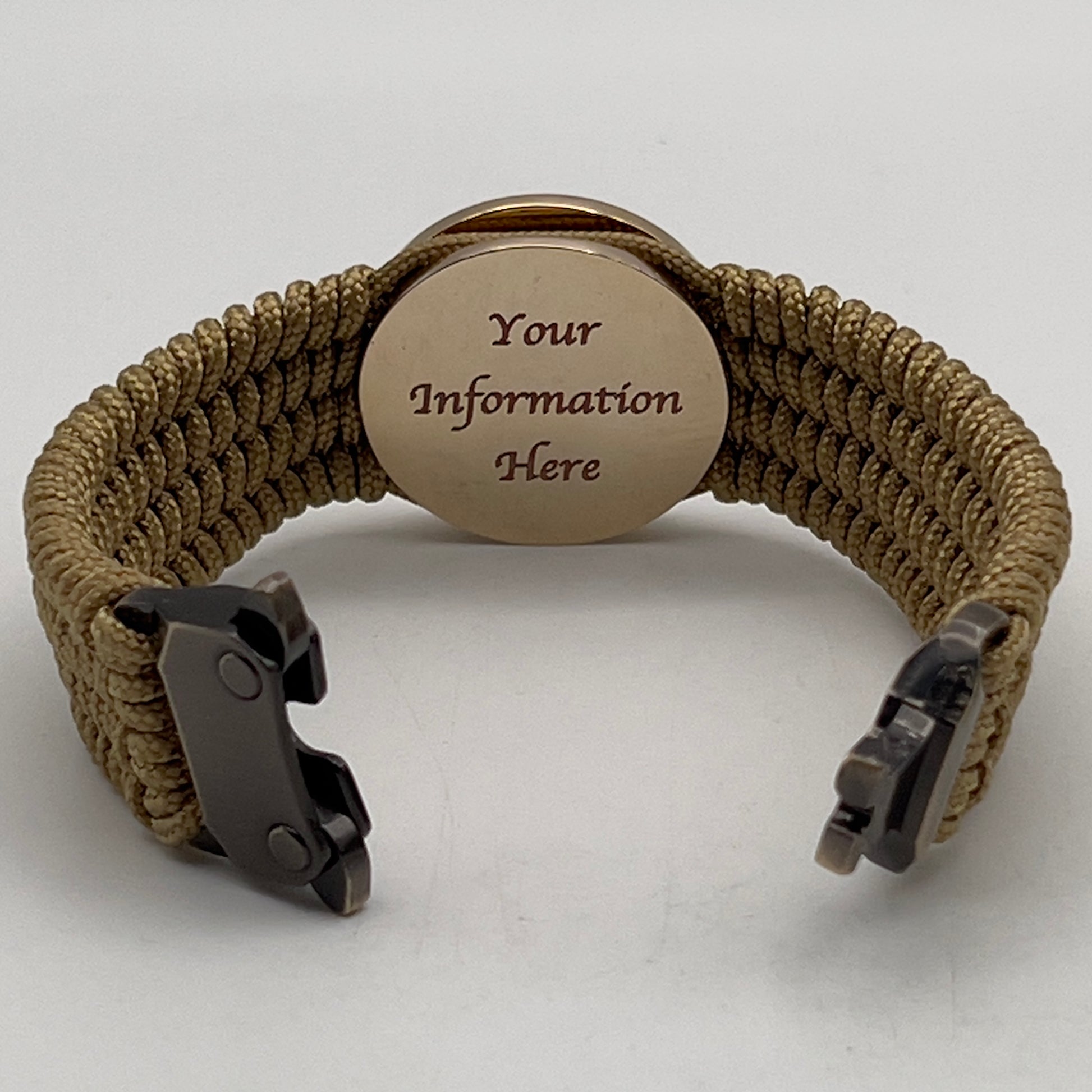 Thin, wide, flexible and comfortable braided United States Marine Corps bracelet featuring a 24K gold and silver plated USMC Eagle Globe and Anchor medallion, a gold Cobra style tactical buckle and woven with gold type-1 paracord.