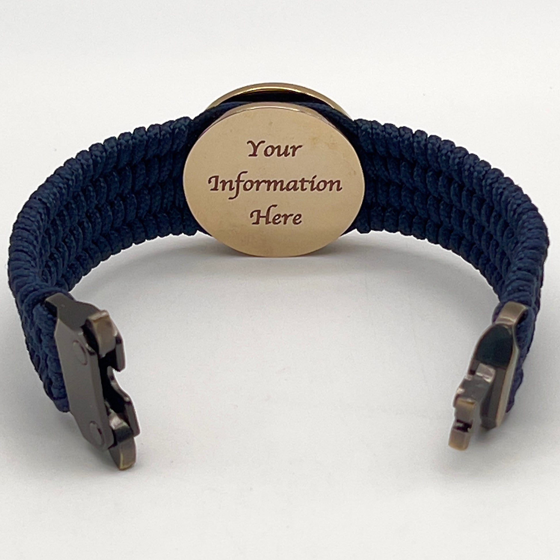 Thin, wide, flexible and comfortable braided United States Marine Corps bracelet featuring a 24K gold and silver plated USMC Eagle Globe and Anchor medallion, a gold Cobra style tactical buckle and woven with Navy blue type-1 paracord.