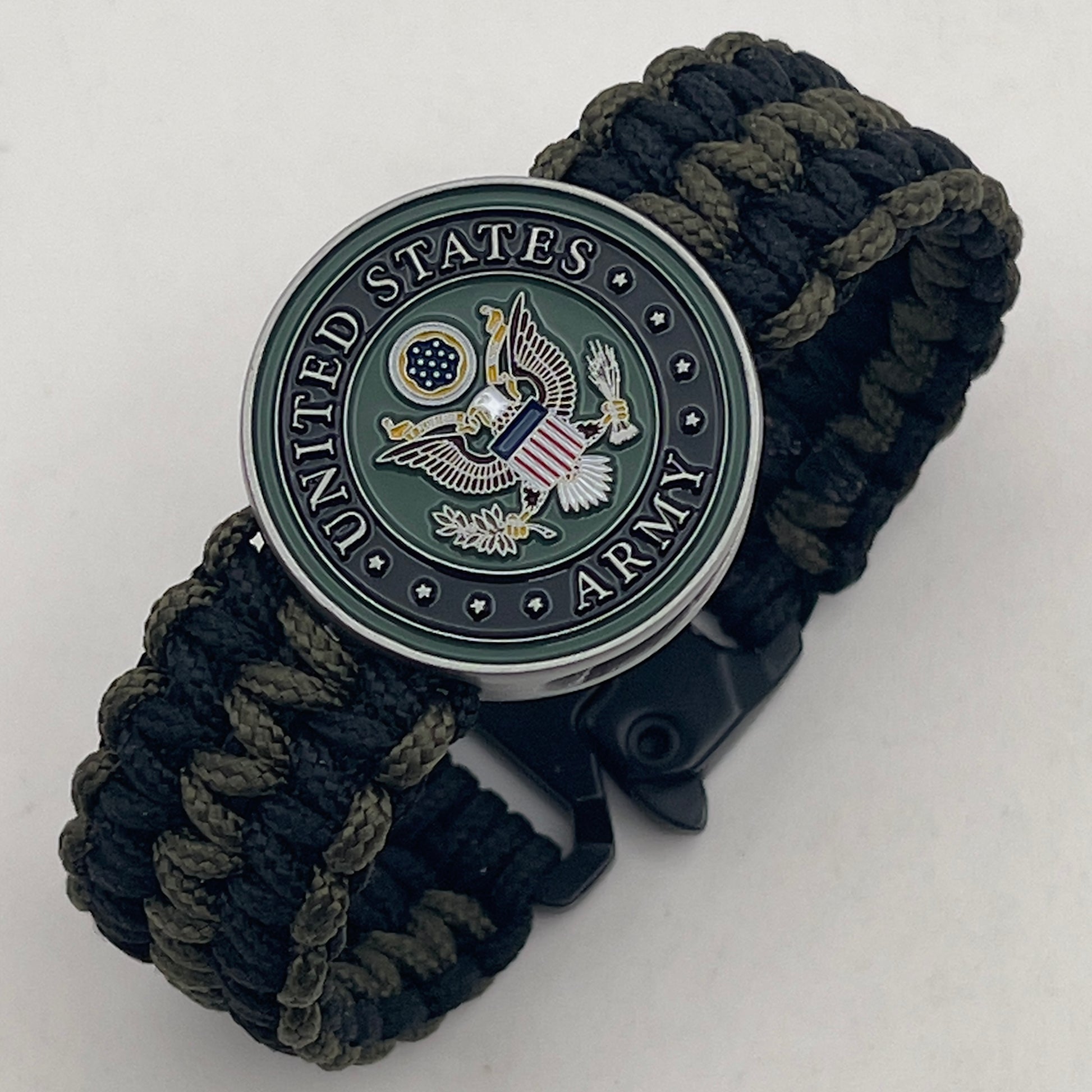 Thin, narrow, flexible and comfortable braided United States Army bracelet featuring an official US Army medallion, a black Cobra style tactical buckle and woven with black and olive drab Type-1 paracord.