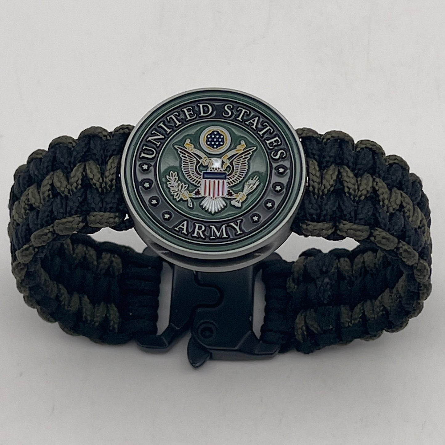 Thin, narrow, flexible and comfortable braided United States Army bracelet featuring an official US Army medallion, a black Cobra style tactical buckle and woven with black and olive drab Type-1 paracord.