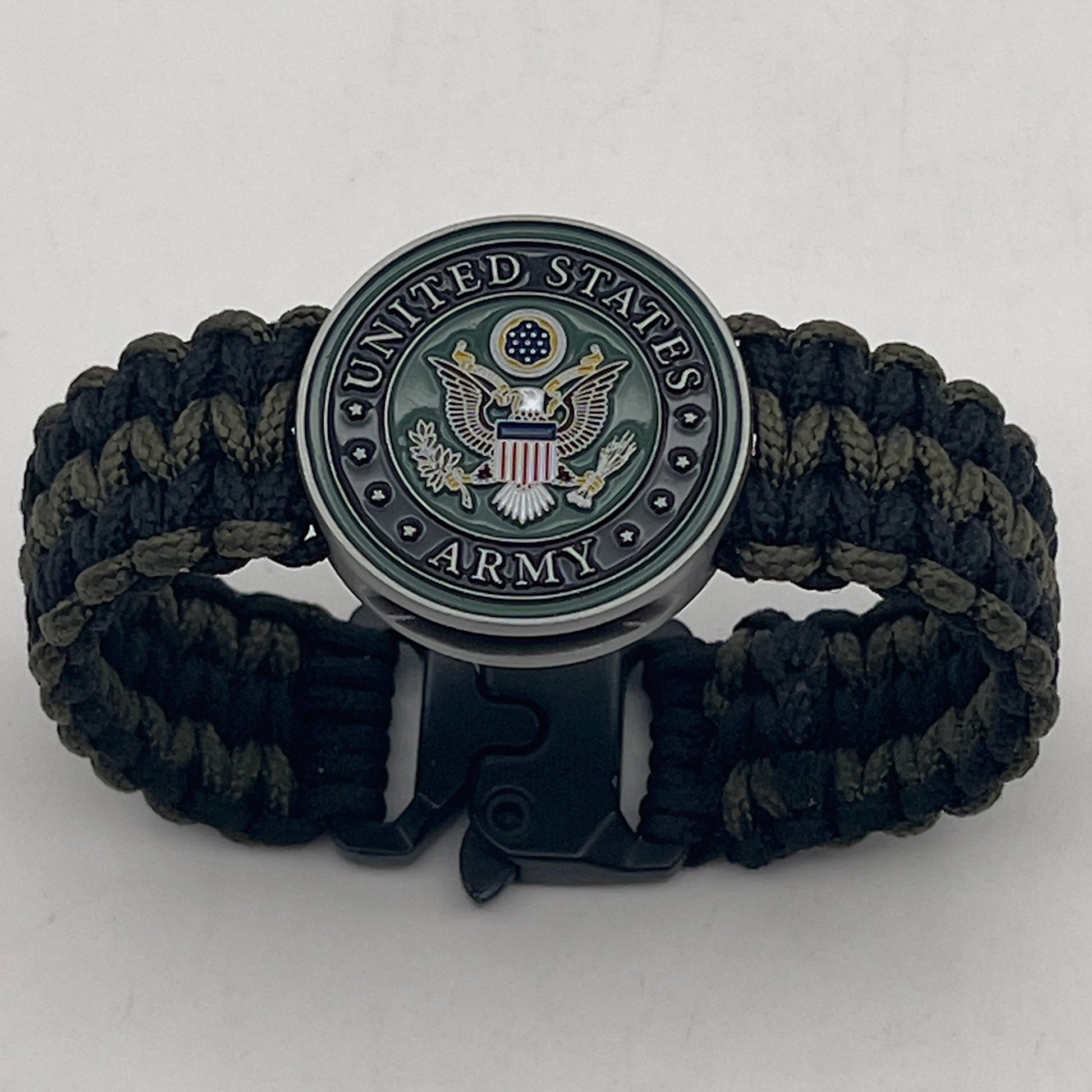 Thin, narrow, flexible and comfortable braided United States Army bracelet featuring an official US Army medallion, a black Cobra style tactical buckle and woven with black and olive drab Type-1 paracord.