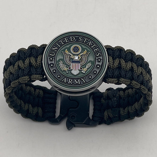 Thin, narrow, flexible and comfortable braided United States Army bracelet featuring an official US Army medallion, a black Cobra style tactical buckle and woven with black and olive drab Type-1 paracord.