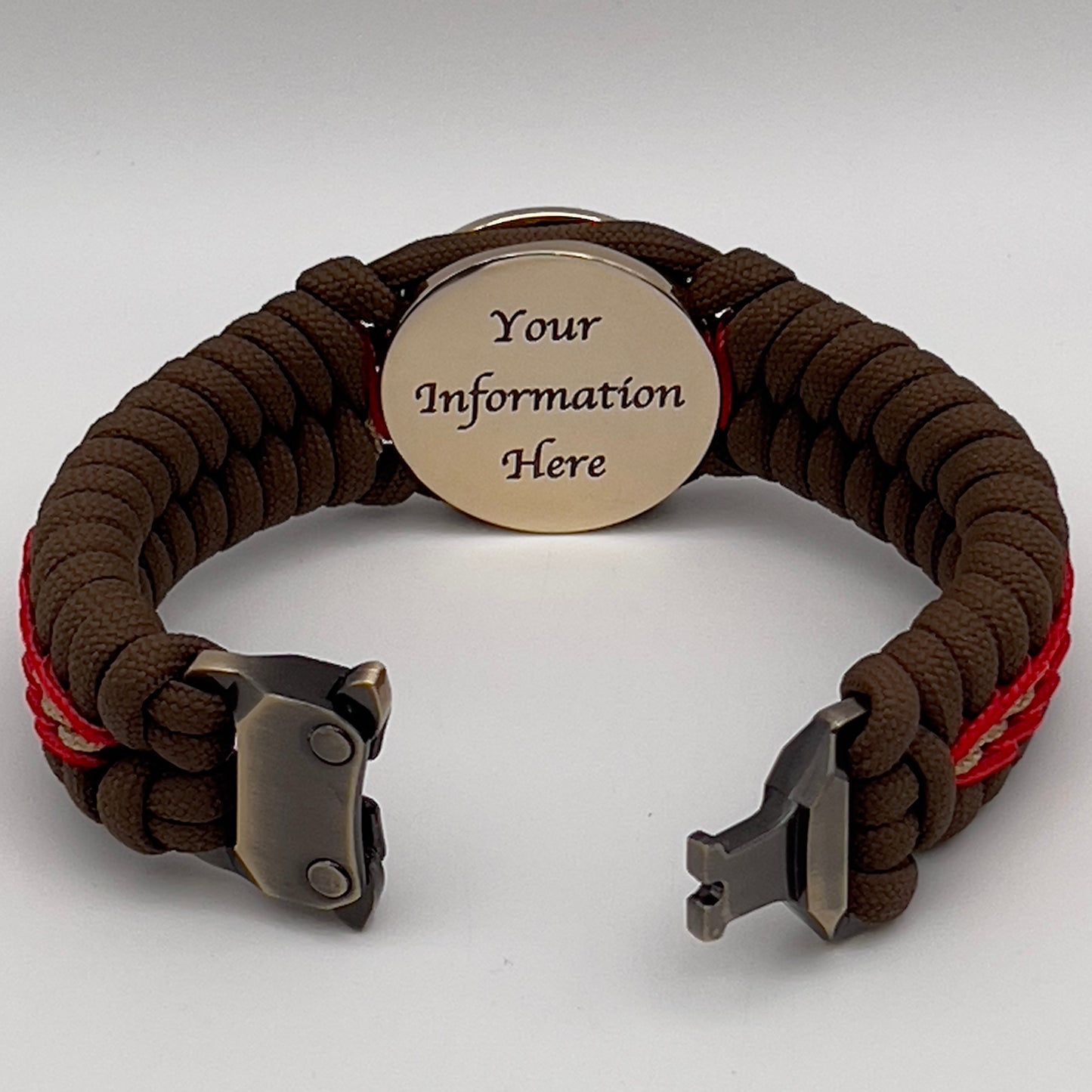 Thick, rigid and comfortable braided United States Marine Corps bracelet featuring a 24K gold plated USMC Eagle Globe and Anchor medallion, a gold Cobra style tactical buckle and woven with Coyote Brown 550 paracord and Imperial Red and gold micro cord.