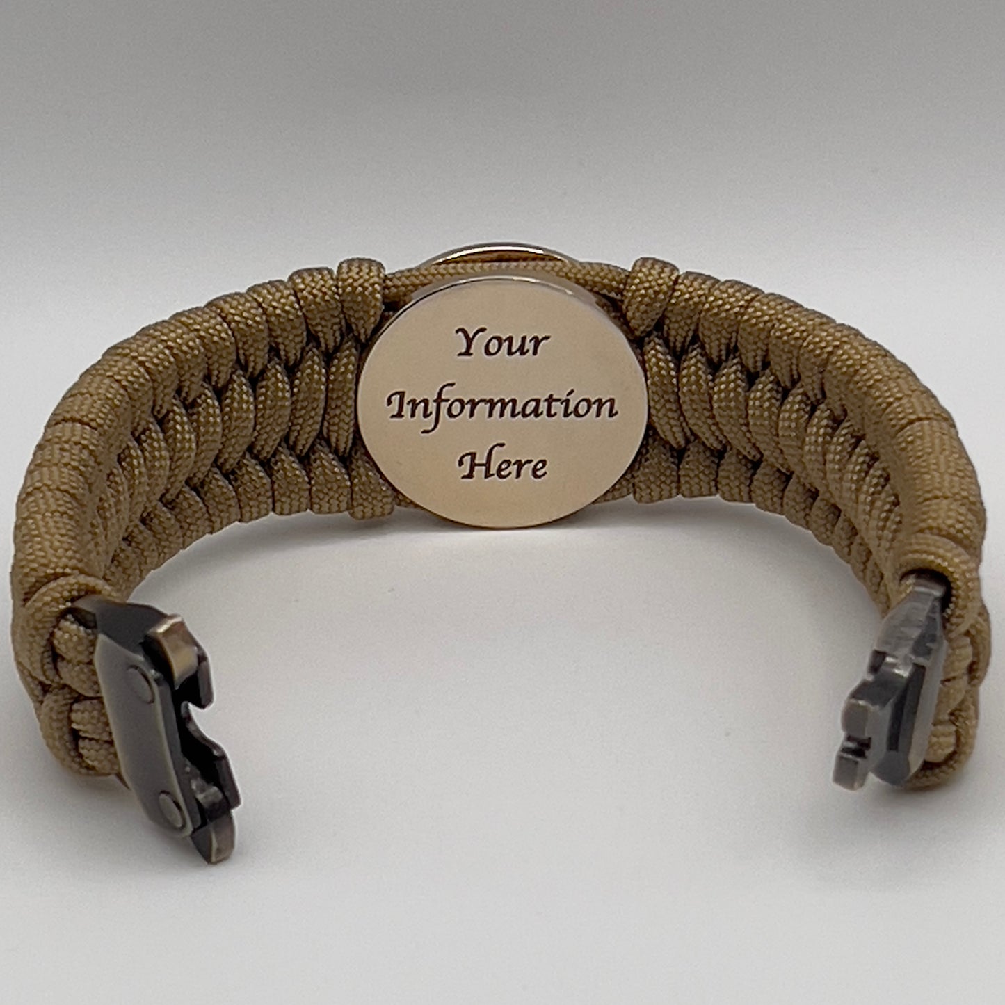 Thick, wide, rigid and comfortable braided United States Marine Corps bracelet featuring a 24K gold plated USMC Eagle Globe and Anchor medallion, a gold Cobra style tactical buckle and woven with gold 550 paracord.