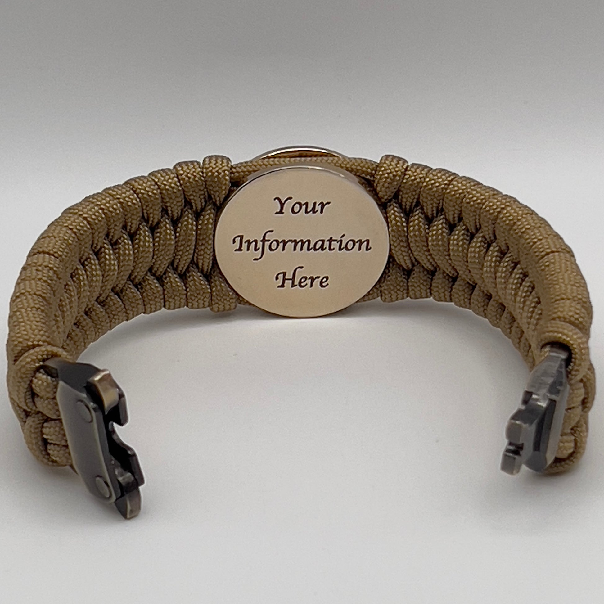 Thick, wide, rigid and comfortable braided United States Marine Corps bracelet featuring a 24K gold plated USMC Eagle Globe and Anchor medallion, a gold Cobra style tactical buckle and woven with gold 550 paracord.