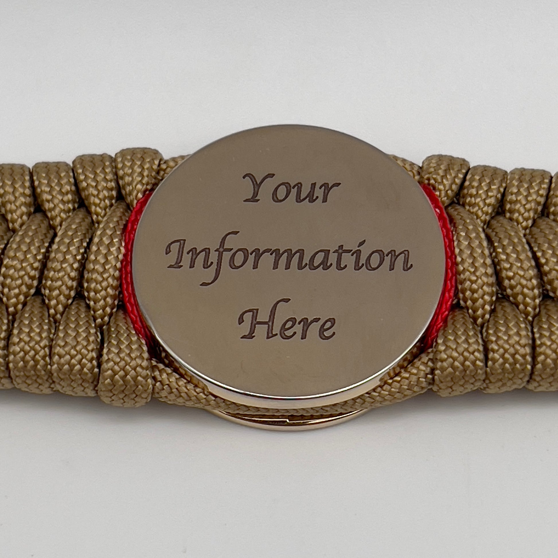 Thick, wide, rigid and comfortable braided United States Marine Corps bracelet featuring a 24K gold plated USMC Eagle Globe and Anchor medallion, a gold Cobra style tactical buckle and woven with gold 550 paracord and Imperial Red nano and micro cord.