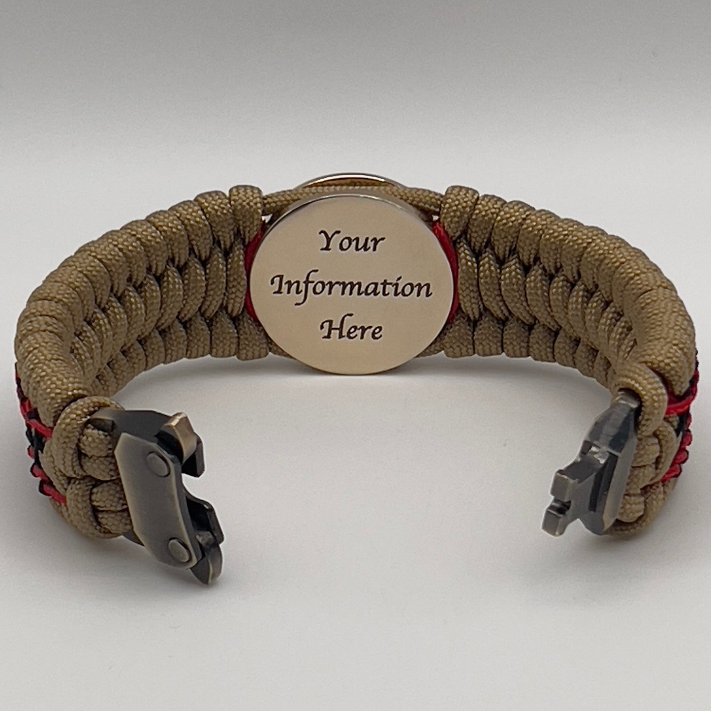 Thick, wide, rigid and comfortable braided United States Marine Corps bracelet featuring a 24K gold plated USMC Eagle Globe and Anchor medallion, a gold Cobra style tactical buckle and woven with gold 550 paracord and Imperial Red micro and black nano cord.