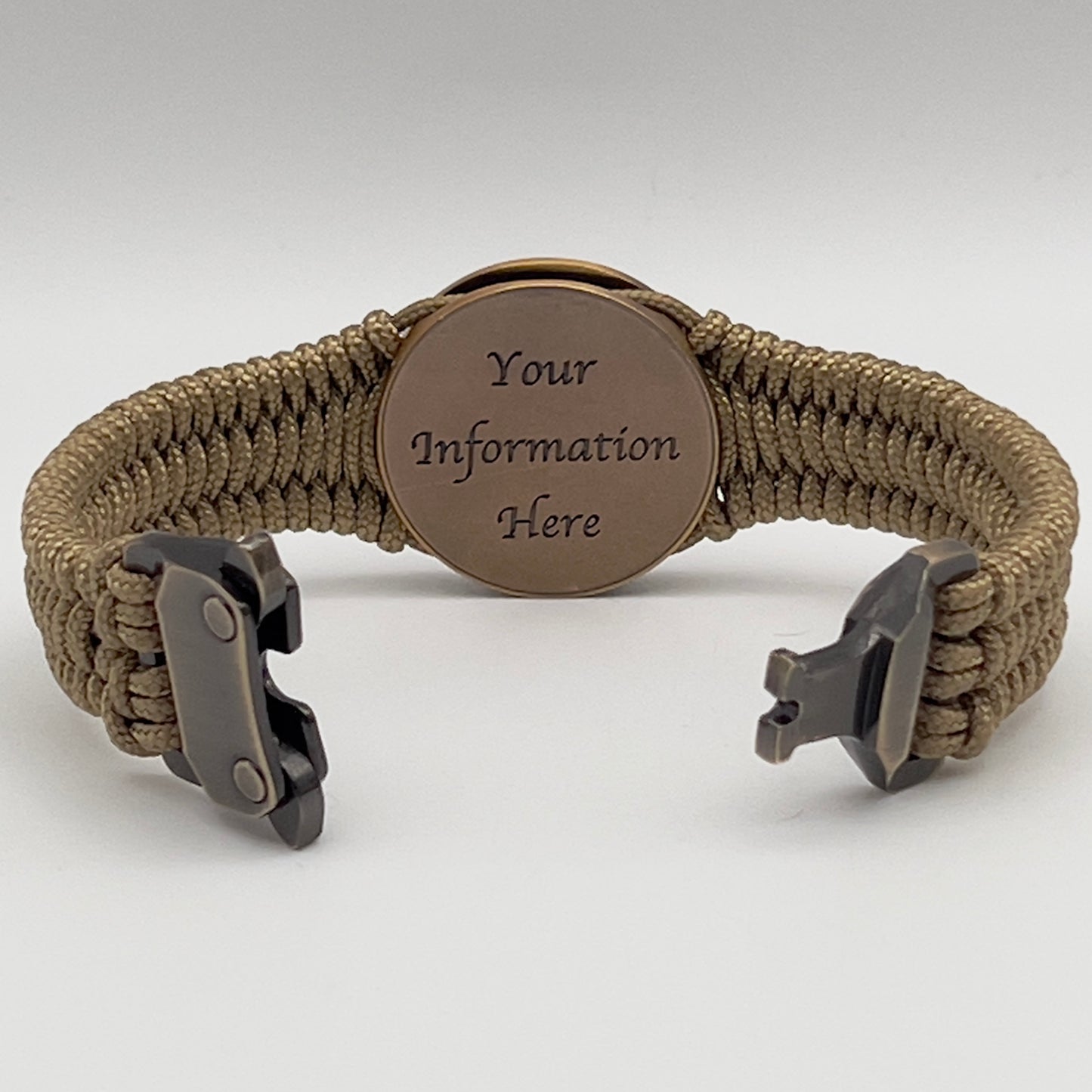 Thin, narrow, very thin and flexible and comfortable braided United States Marine Corps bracelet featuring a 24K antique gold plated USMC Eagle Globe and Anchor medallion, a gold Cobra style tactical buckle and woven with gold Type-1 paracord.