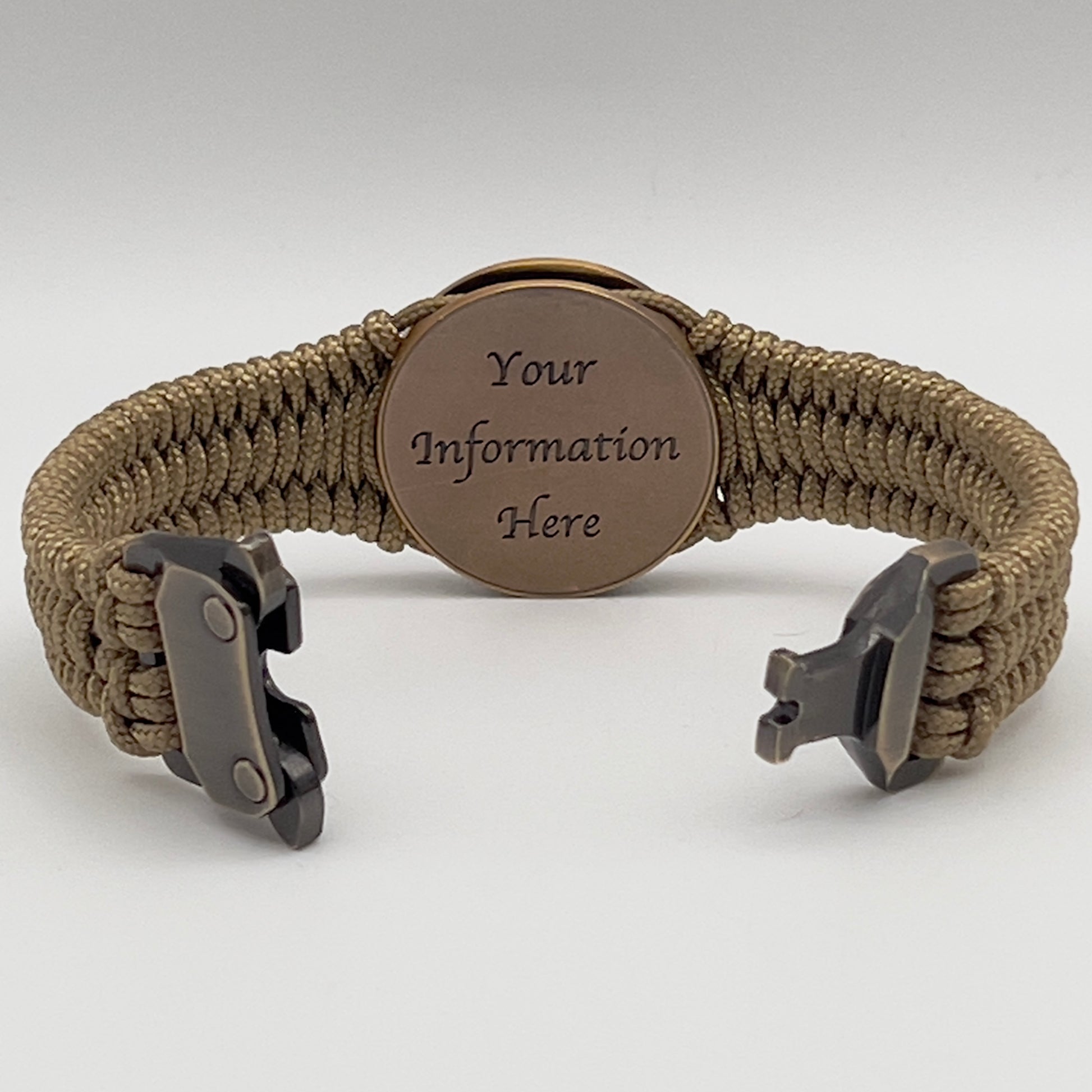 Thin, narrow, very thin and flexible and comfortable braided United States Marine Corps bracelet featuring a 24K antique gold plated USMC Eagle Globe and Anchor medallion, a gold Cobra style tactical buckle and woven with gold Type-1 paracord.