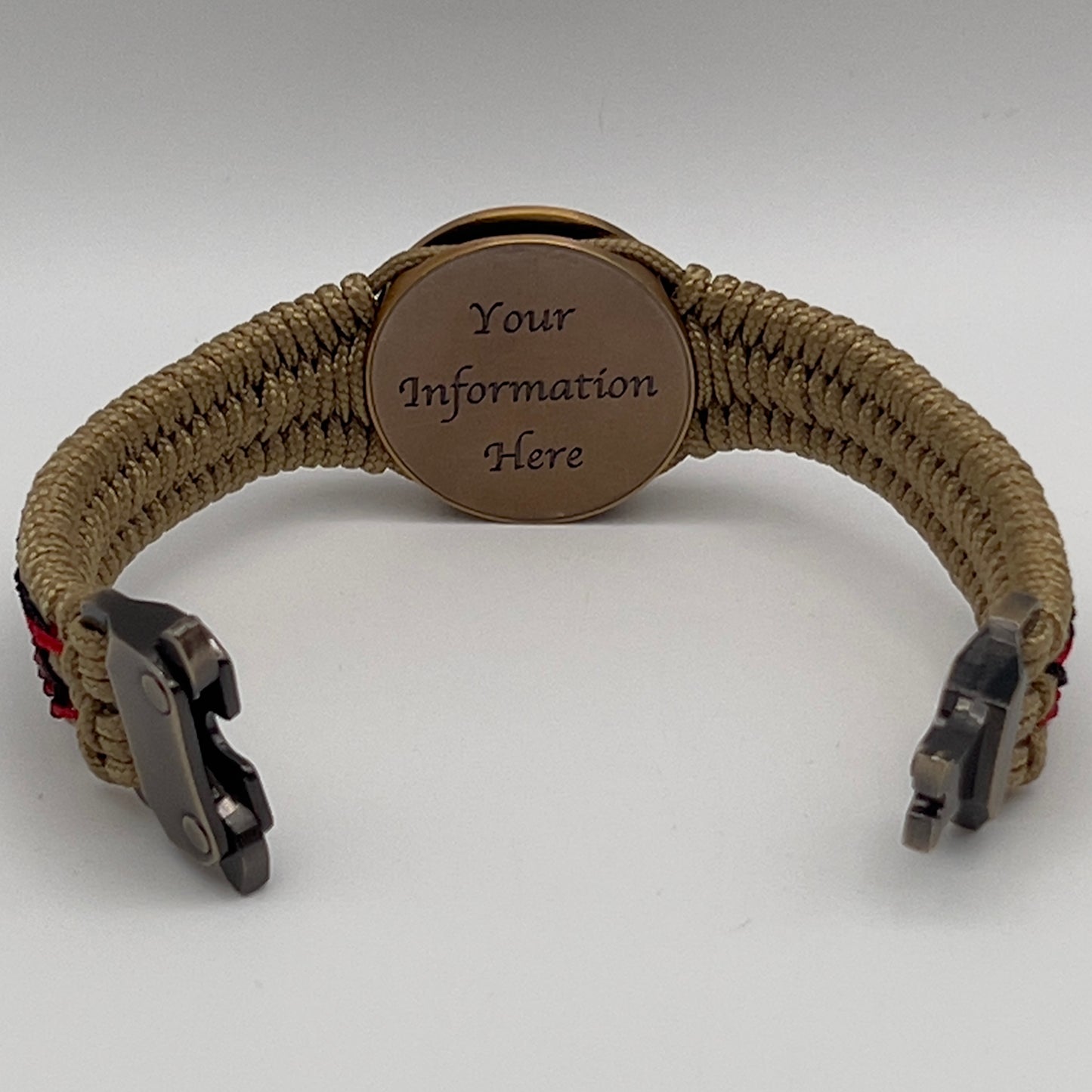 Thin, narrow, very thin and flexible and comfortable braided United States Marine Corps bracelet featuring a 24K antique gold plated USMC Eagle Globe and Anchor medallion, a gold Cobra style tactical buckle and woven with gold Type-1 paracord and Imperial Red and Black nano cord.