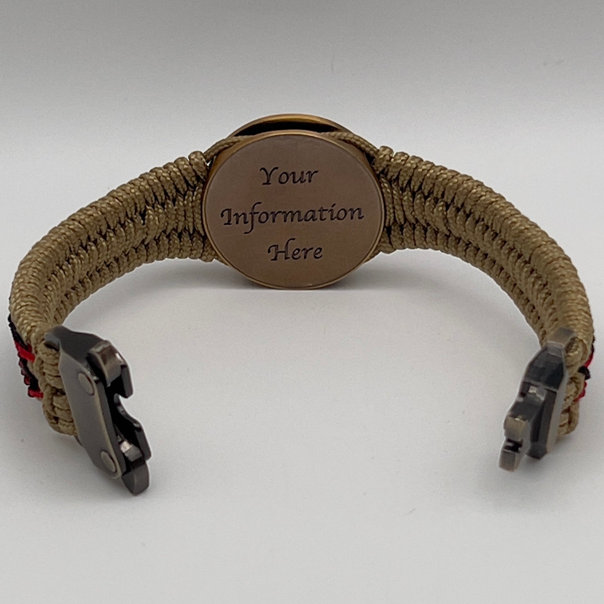 Thin, narrow, very thin and flexible and comfortable braided United States Marine Corps bracelet featuring a 24K antique gold plated USMC Eagle Globe and Anchor medallion, a gold Cobra style tactical buckle and woven with gold Type-1 paracord and Imperial Red and Black nano cord.