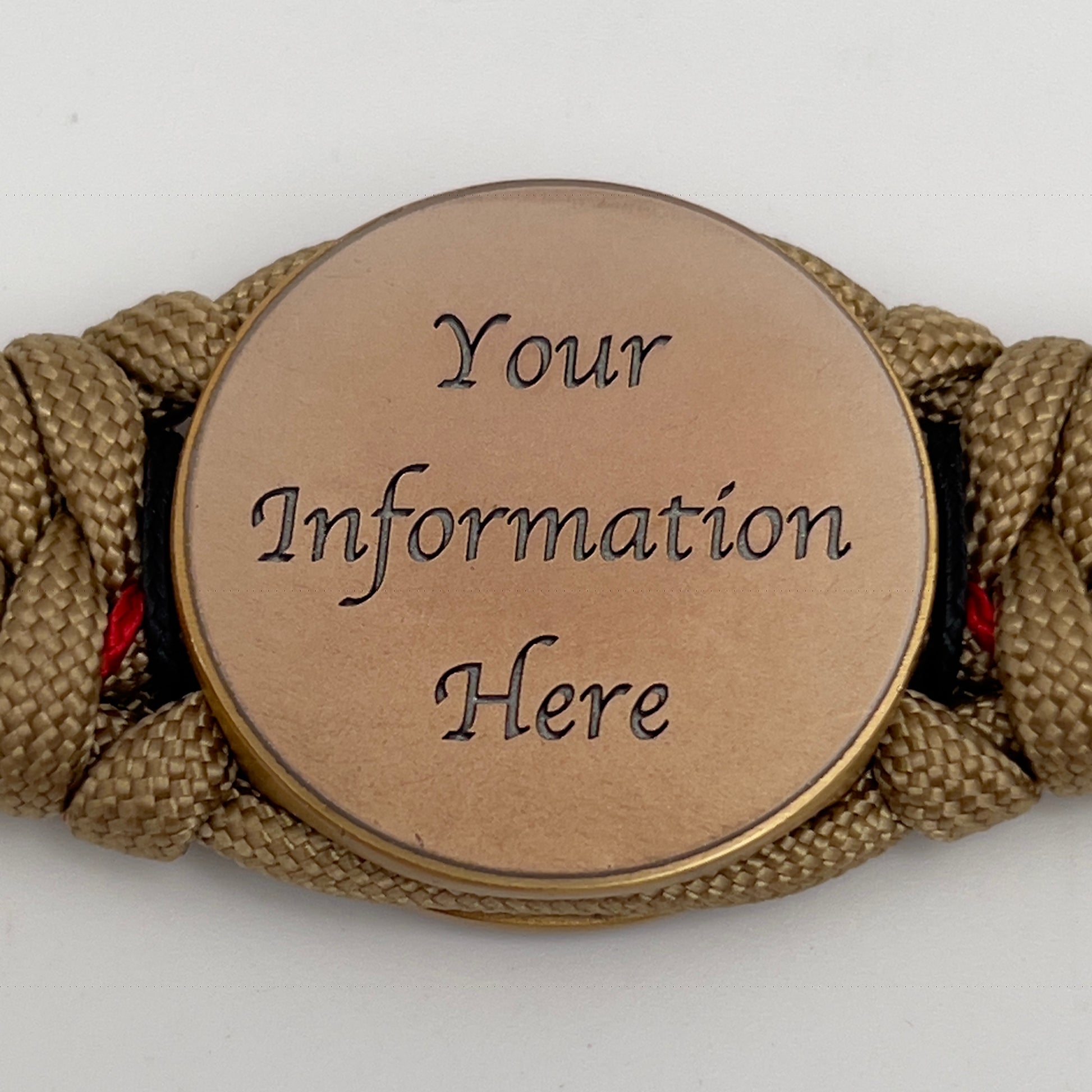 Thick, medium width, rigid and comfortable braided United States Marine Corps bracelet featuring a 24K antique gold plated USMC Eagle Globe and Anchor medallion, a gold Cobra style tactical buckle and woven with gold 550 paracord and Imperial red and black micro cord.