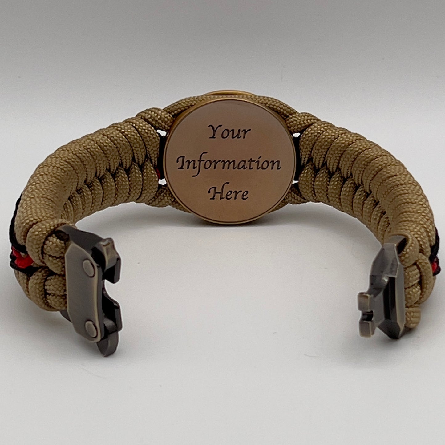 Thick, medium width, rigid and comfortable braided United States Marine Corps bracelet featuring a 24K antique gold plated USMC Eagle Globe and Anchor medallion, a gold Cobra style tactical buckle and woven with gold 550 paracord and Imperial red and black micro cord.