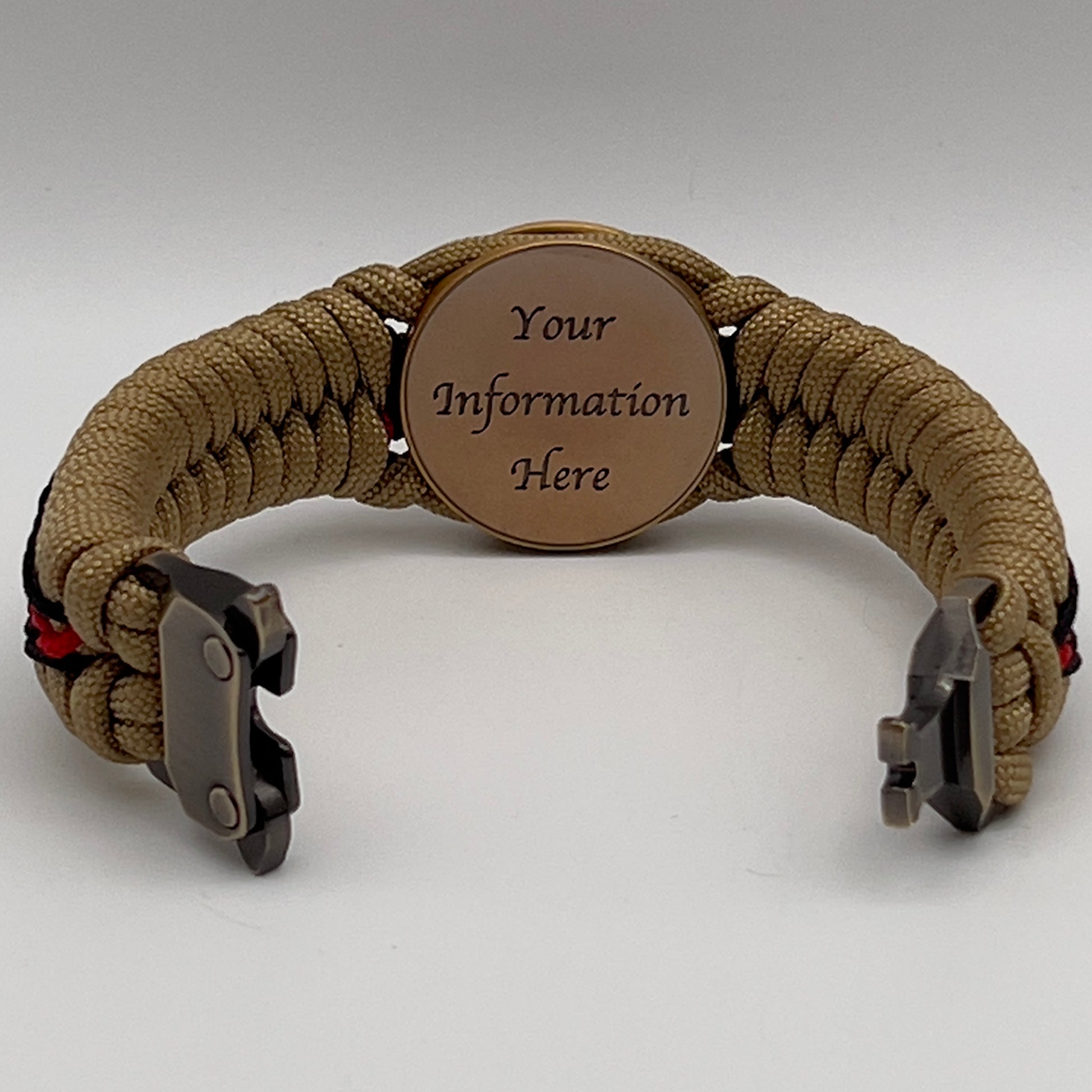 Thick, medium width, rigid and comfortable braided United States Marine Corps bracelet featuring a 24K antique gold plated USMC Eagle Globe and Anchor medallion, a gold Cobra style tactical buckle and woven with gold 550 paracord and Imperial red and black micro cord.