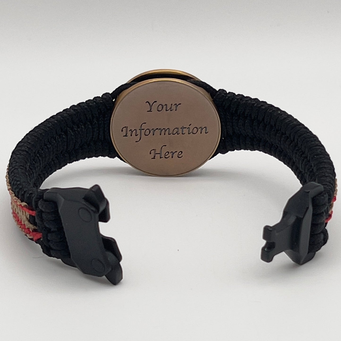 Thin, narrow, very thin and flexible and comfortable braided United States Marine Corps bracelet featuring a 24K antique gold plated USMC Eagle Globe and Anchor medallion, a black Cobra style tactical buckle and woven with black Type-1 paracord and Imperial Red and GOld nano cord.