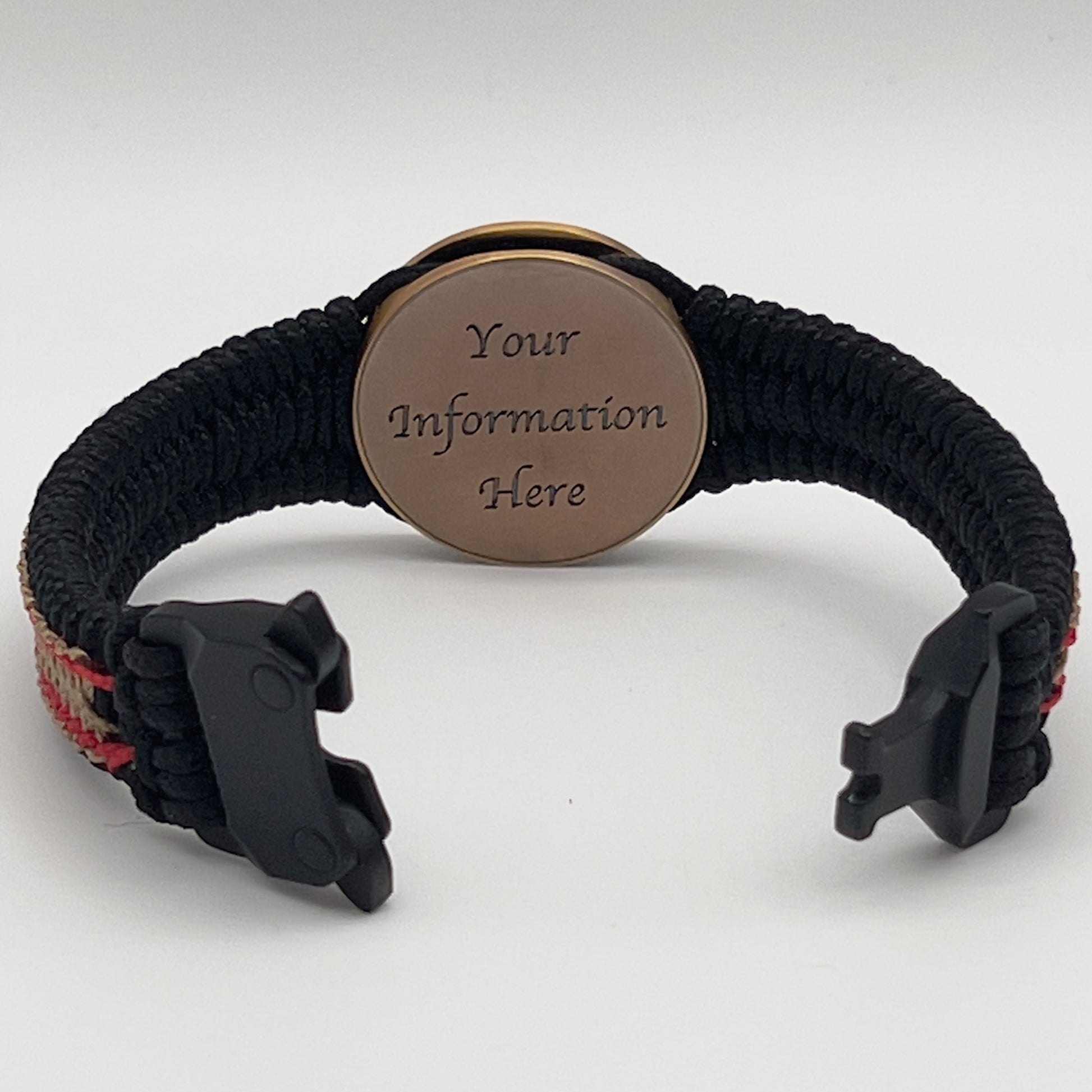 Thin, narrow, very thin and flexible and comfortable braided United States Marine Corps bracelet featuring a 24K antique gold plated USMC Eagle Globe and Anchor medallion, a black Cobra style tactical buckle and woven with black Type-1 paracord and Imperial Red and GOld nano cord.