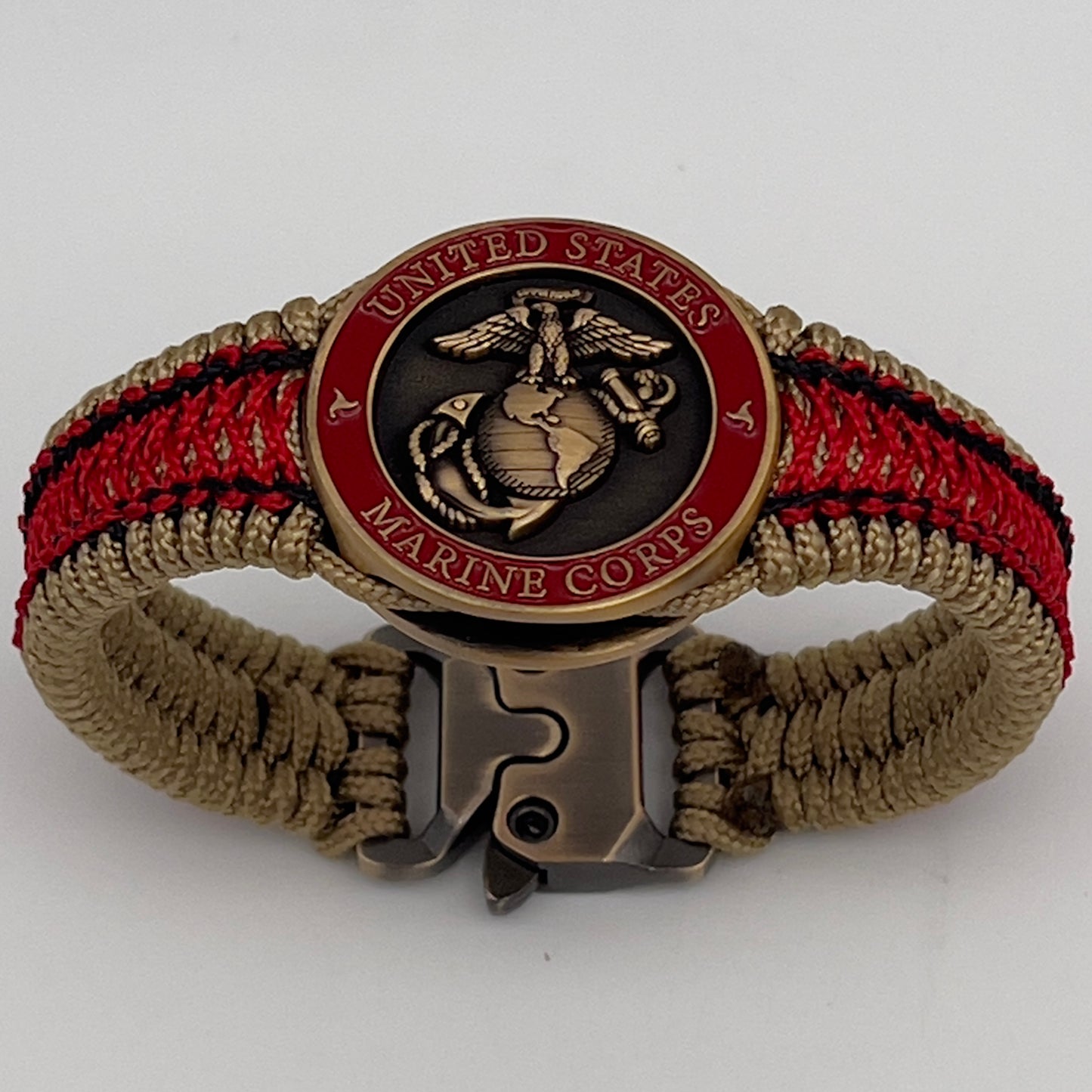 Thin, narrow, very thin and flexible and comfortable braided United States Marine Corps bracelet featuring a 24K antique gold plated USMC Eagle Globe and Anchor medallion, a gold Cobra style tactical buckle and woven with gold Type-1 paracord and Imperial Red and Black nano cord.