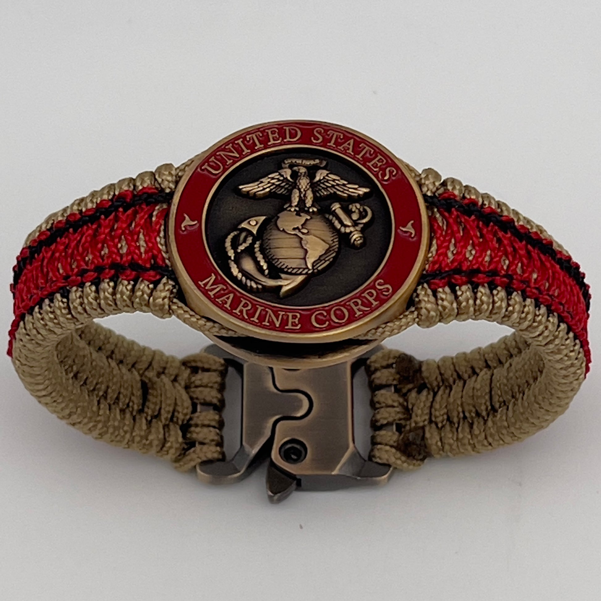 Thin, narrow, very thin and flexible and comfortable braided United States Marine Corps bracelet featuring a 24K antique gold plated USMC Eagle Globe and Anchor medallion, a gold Cobra style tactical buckle and woven with gold Type-1 paracord and Imperial Red and Black nano cord.