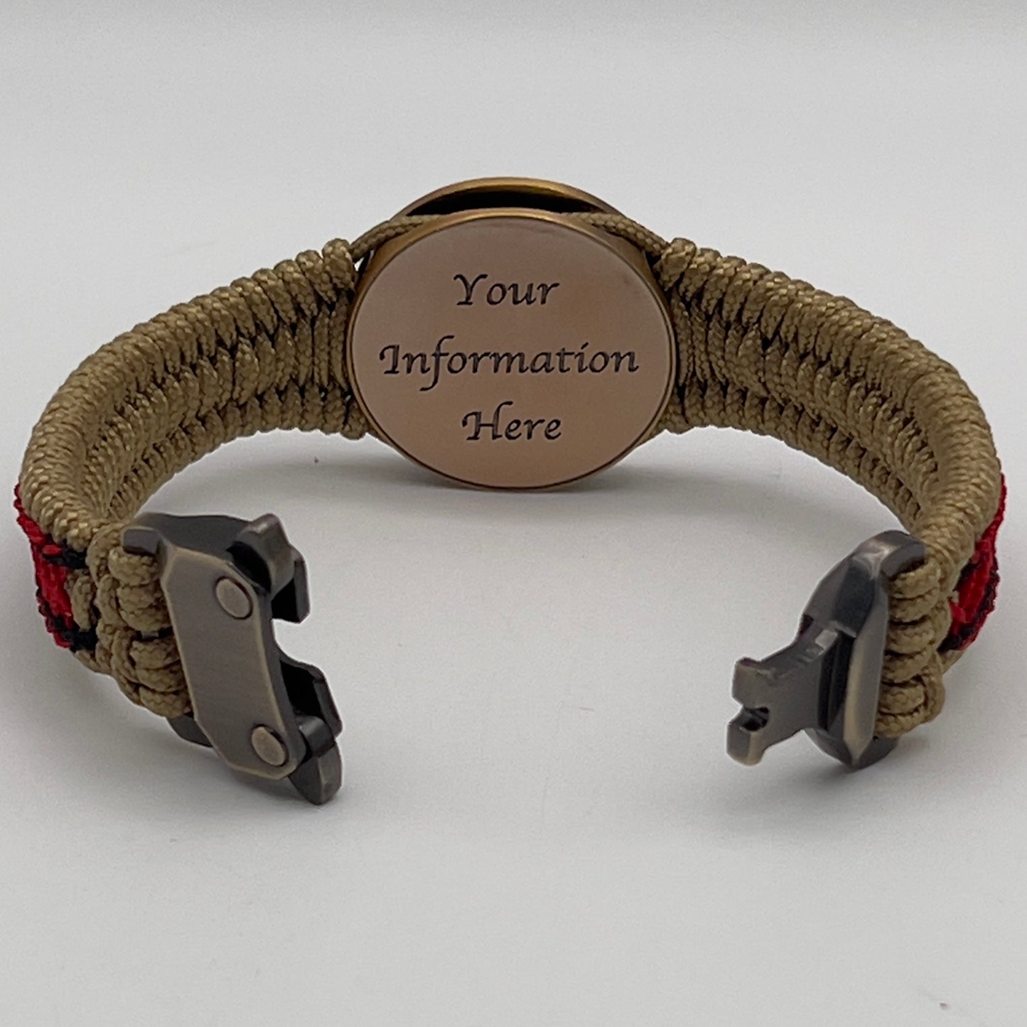 Thin, narrow, very thin and flexible and comfortable braided United States Marine Corps bracelet featuring a 24K antique gold plated USMC Eagle Globe and Anchor medallion, a gold Cobra style tactical buckle and woven with gold Type-1 paracord and Imperial Red and Black nano cord.