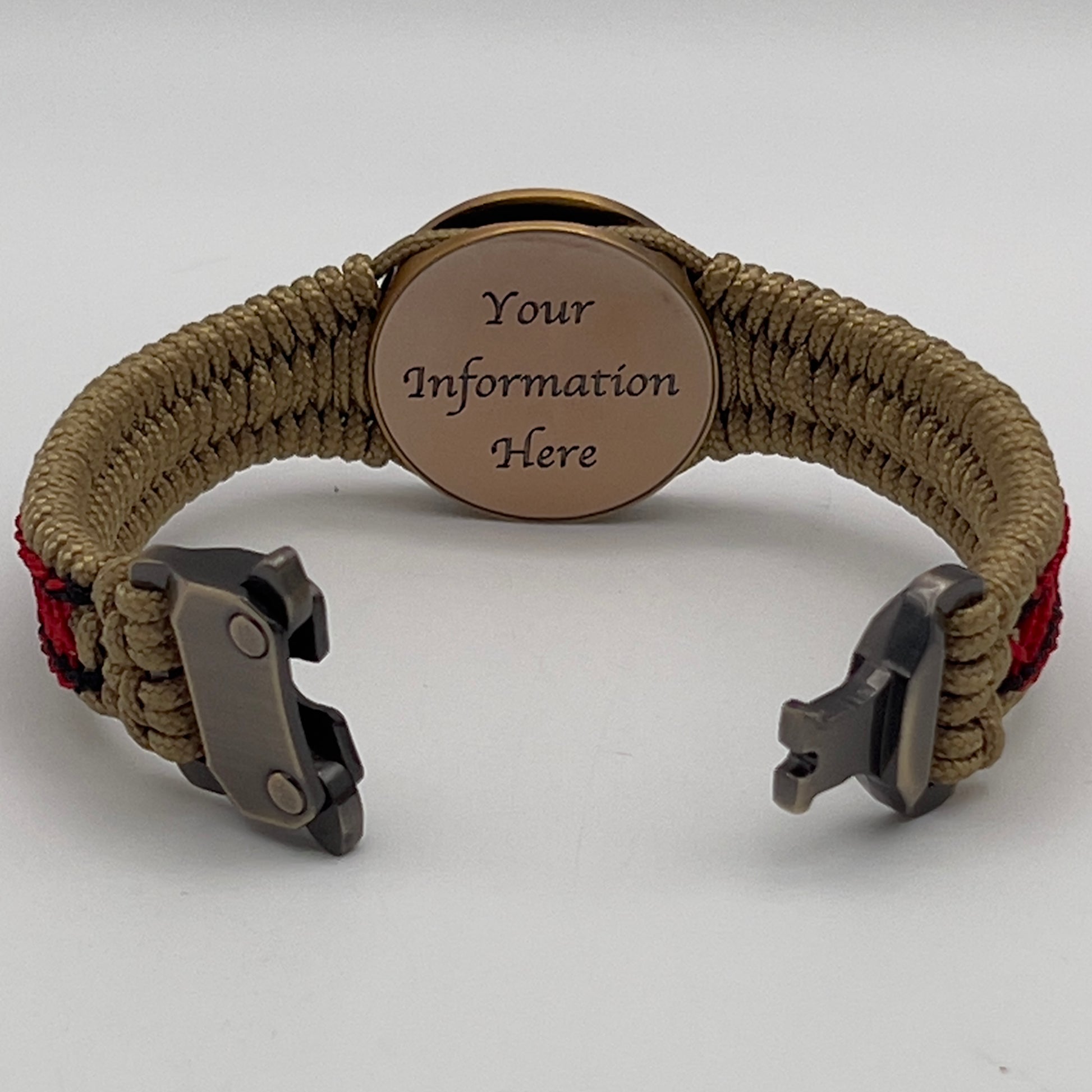 Thin, narrow, very thin and flexible and comfortable braided United States Marine Corps bracelet featuring a 24K antique gold plated USMC Eagle Globe and Anchor medallion, a gold Cobra style tactical buckle and woven with gold Type-1 paracord and Imperial Red and Black nano cord.