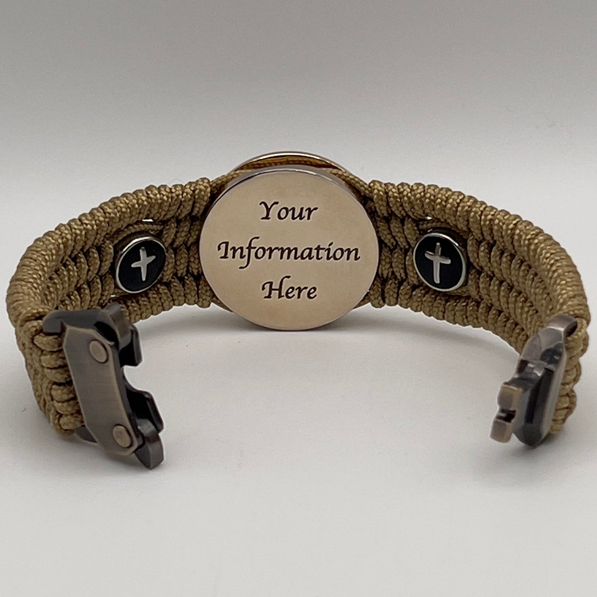 Thin, medium width, flexible and comfortable braided United States Marine Corps bracelet featuring a 24K gold plated USMC officer Eagle Globe and Anchor medallion, two Christian crosses, a gold Cobra style tactical buckle and woven with gold Type-1 paracord.
