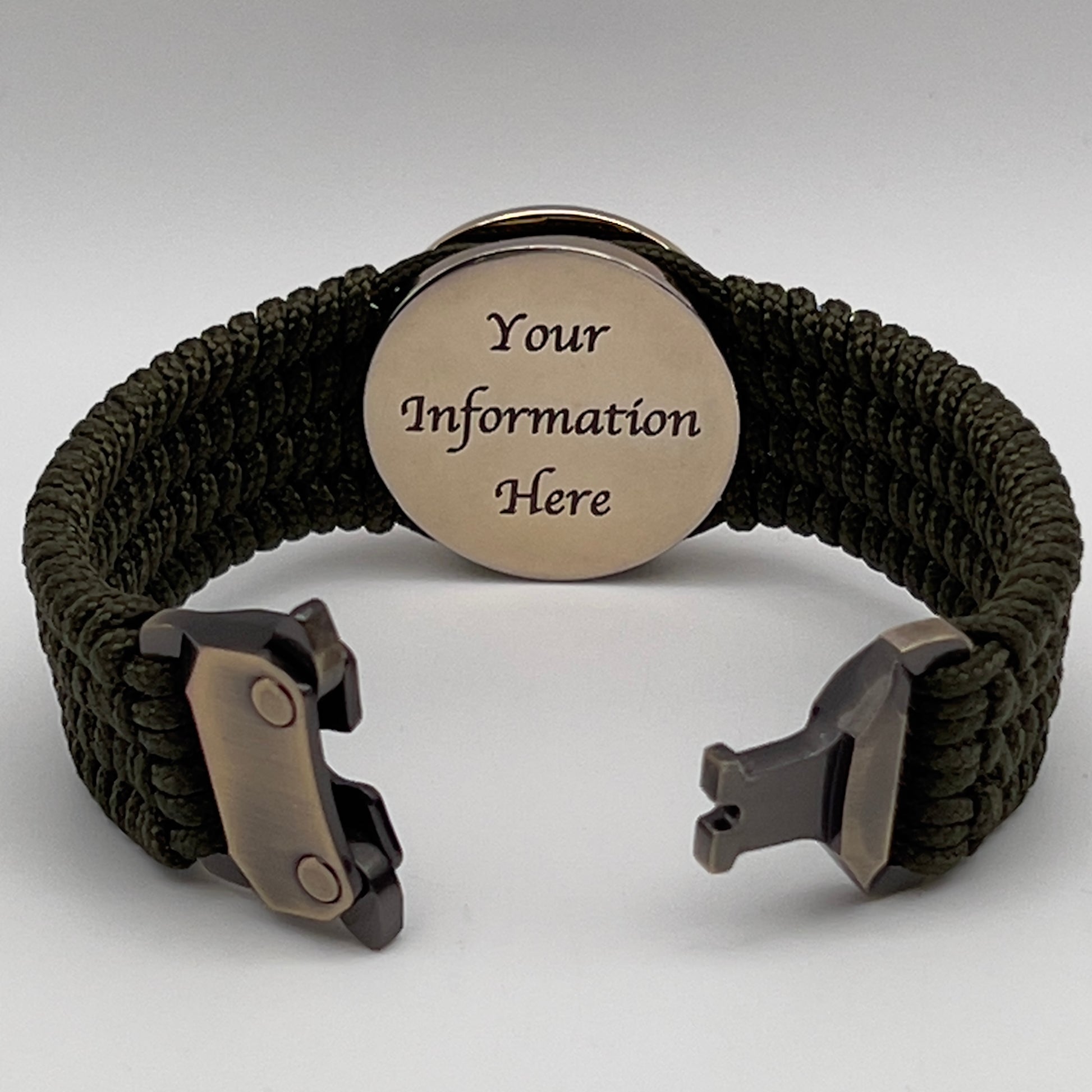 Thin, medium width, flexible and comfortable braided United States Marine Corps bracelet featuring a 24K gold plated USMC officer Eagle Globe and Anchor medallion, a gold Cobra style tactical buckle and woven with Olive Drab Type-1 paracord.