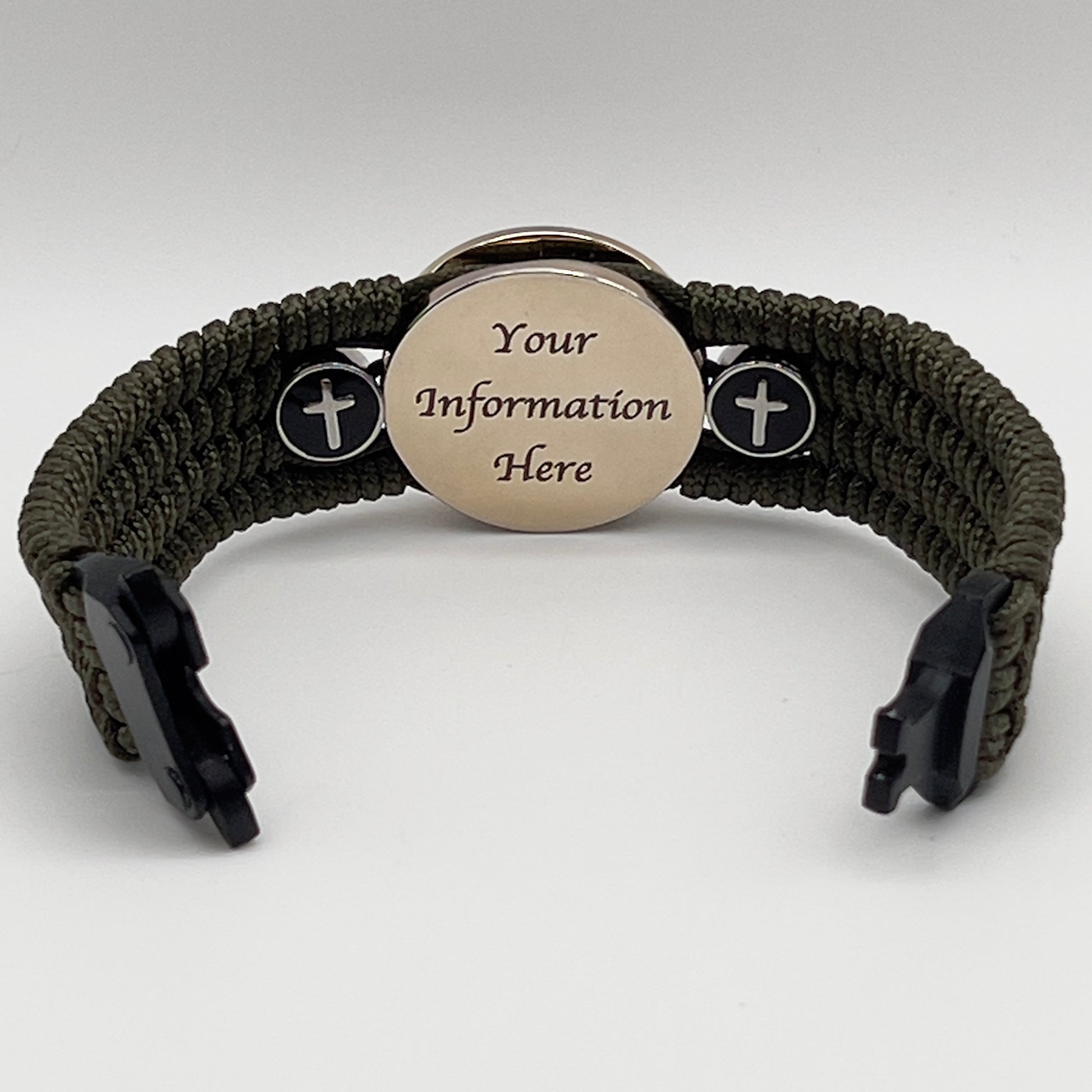 Thin, medium width, flexible and comfortable braided United States Marine Corps bracelet featuring a 24K gold plated USMC officer Eagle Globe and Anchor medallion, two Christian crosses, a black Cobra style tactical buckle and woven with Olive Drab Type-1 paracord.