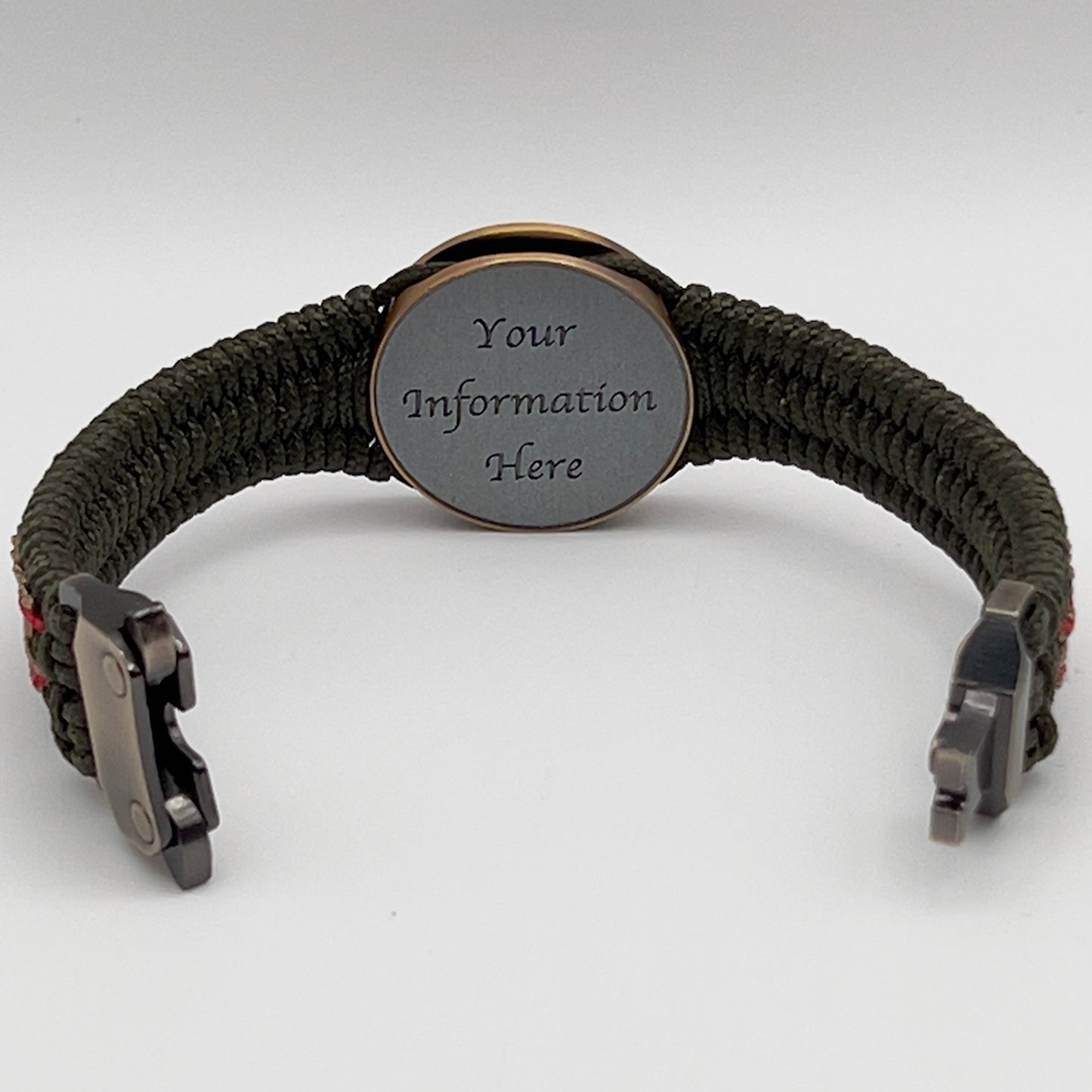 Thin, narrow, flexible and comfortable braided United States Marine Corps bracelet featuring a 24K antique gold plated USMC Eagle Globe and Anchor medallion, a gold Cobra style tactical buckle and woven with Olive Drab Type-1 paracord and Imperial Red and Gold nano cord.