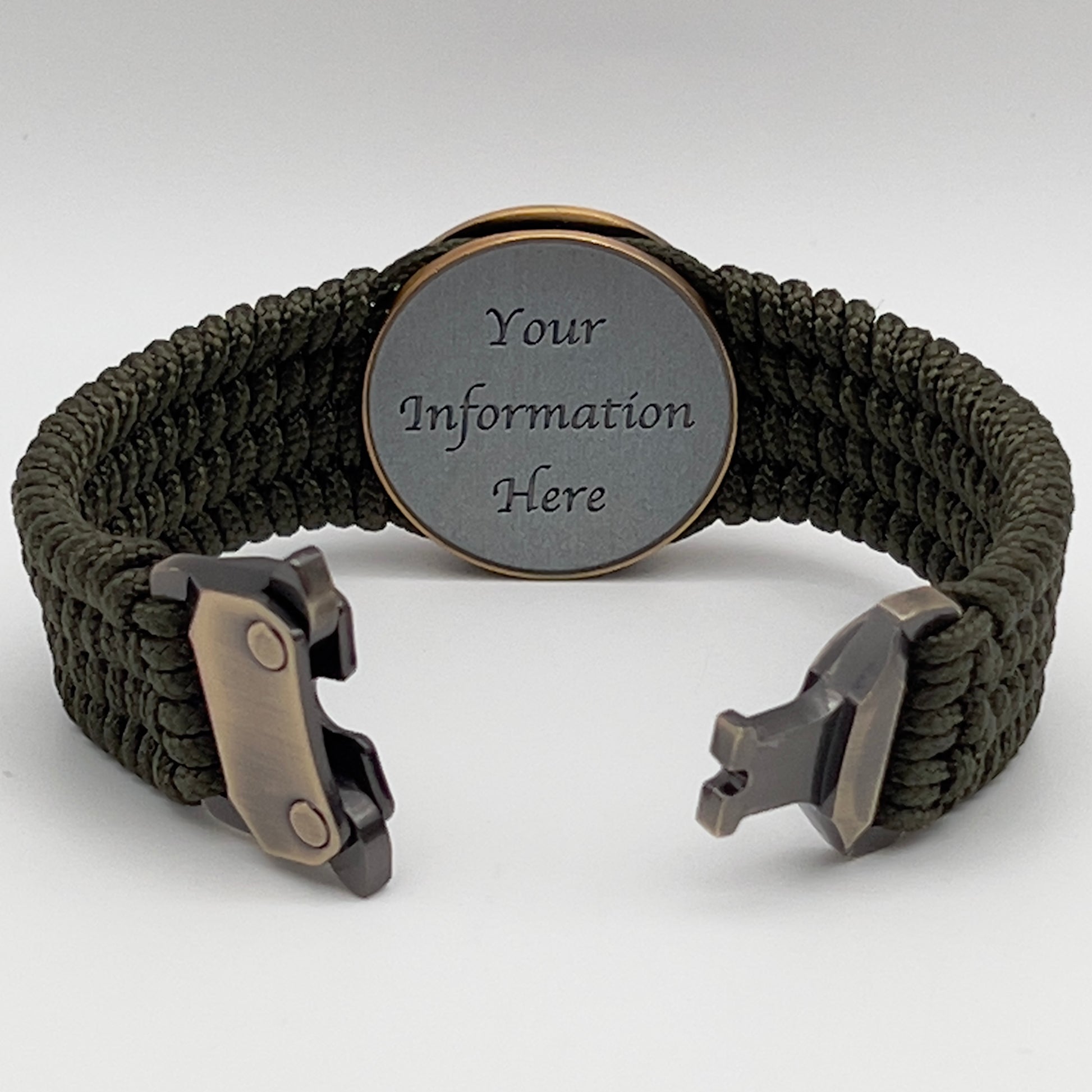 Thin, medium wide, flexible and comfortable braided United States Marine Corps bracelet featuring a 24K antique gold plated USMC Eagle Globe and Anchor medallion, a gold Cobra style tactical buckle and woven with Olive Drab Type-1 paracord.