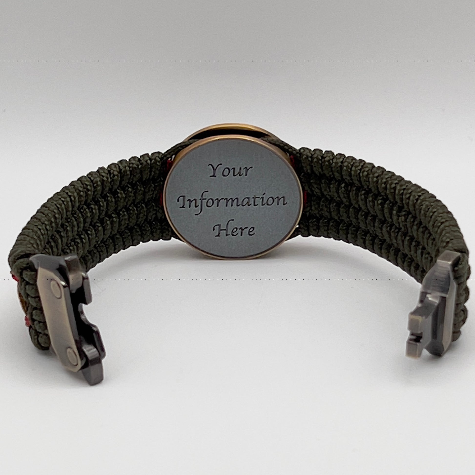 Thin, medium width, flexible and comfortable braided United States Marine Corps bracelet featuring a 24K antique gold plated USMC Eagle Globe and Anchor medallion, a gold Cobra style tactical buckle and woven with Olive Drab Type-1 paracord and Imperial Red and Gold nano cord.