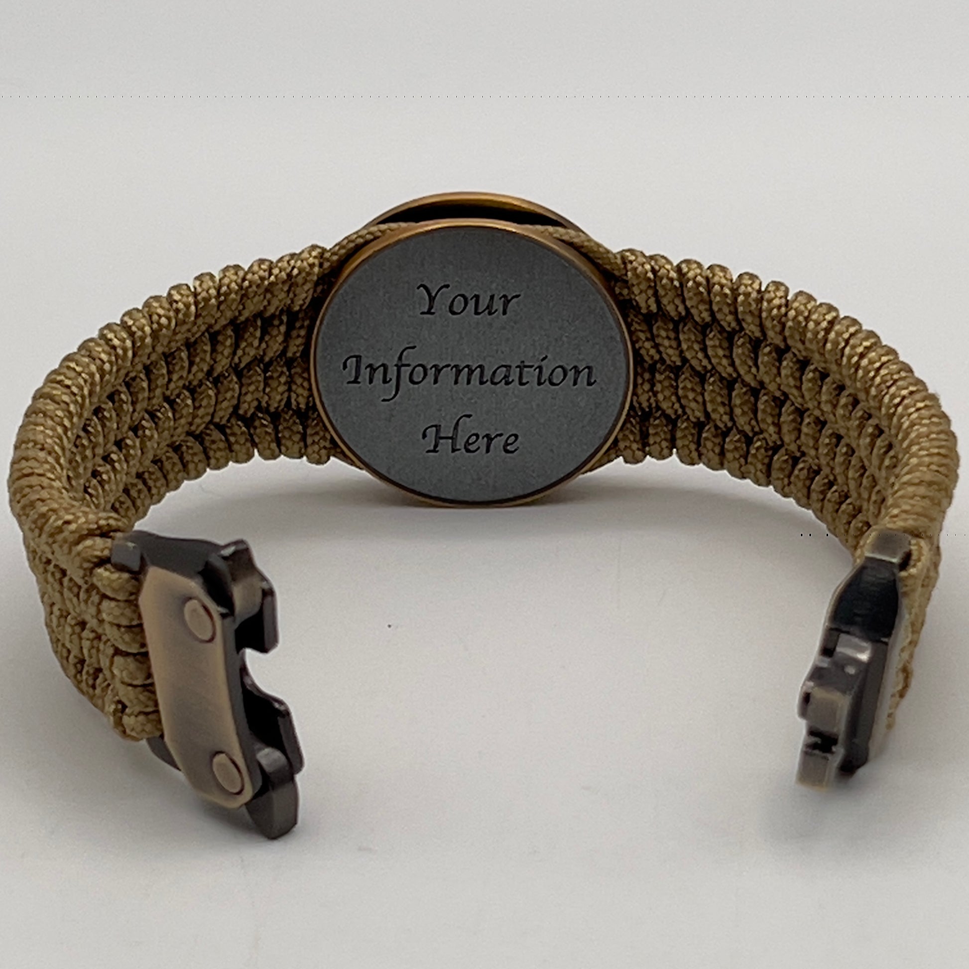 Thin, wide, flexible and comfortable braided United States Marine Corps bracelet featuring a 24K antique gold plated USMC Eagle Globe and Anchor medallion, a gold Cobra style tactical buckle and woven with gold Type-1 paracord.