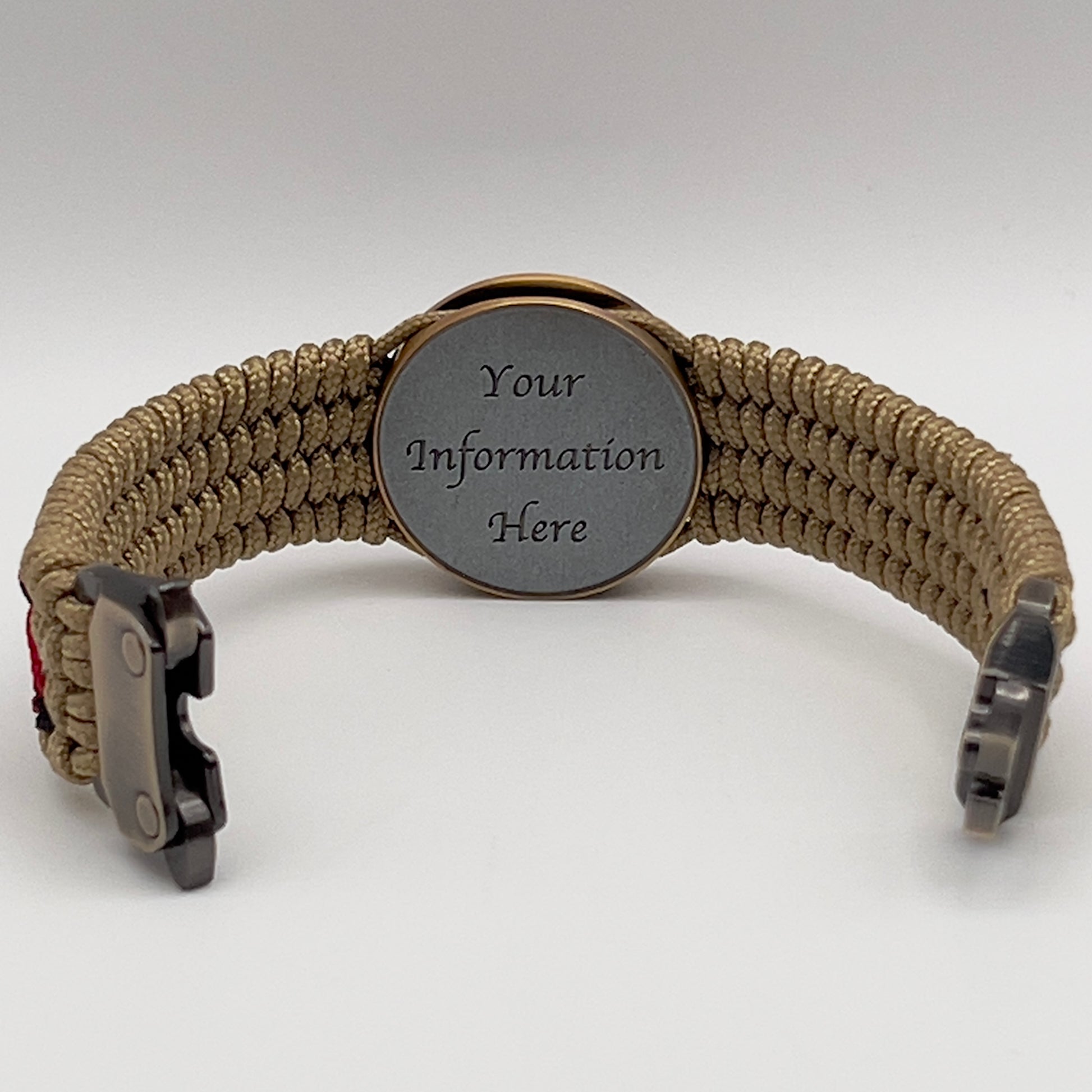 Thin, medium width, flexible and comfortable braided United States Marine Corps bracelet featuring a 24K antique gold plated USMC Eagle Globe and Anchor medallion, a gold Cobra style tactical buckle and woven with gold Type-1 paracord and Imperial Red and Black nano cord.